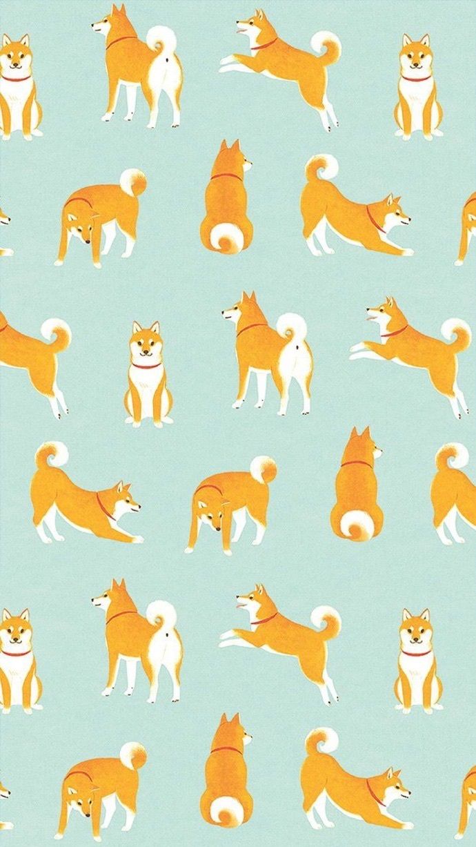 A pattern of Shiba Inus in various poses on a light blue background - Dog