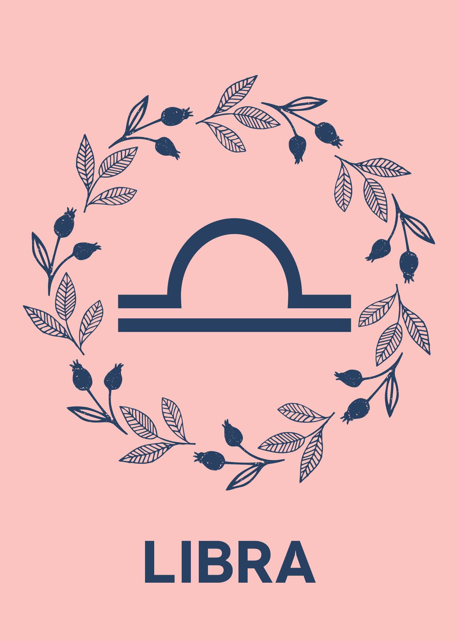 The zodiac sign libra is shown with a wreath of flowers - Libra
