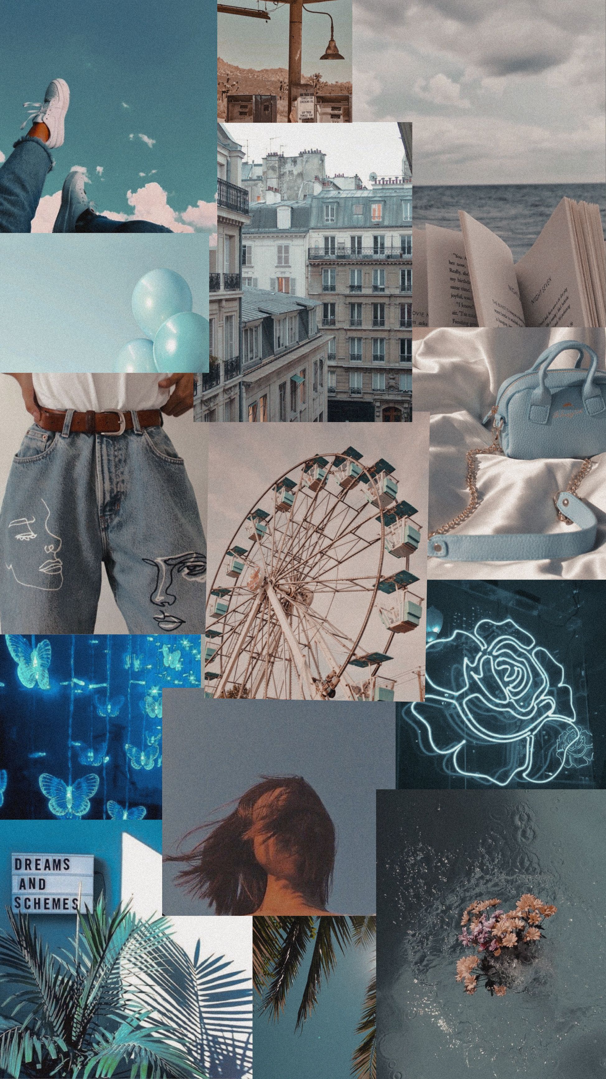 A collage of blue and white aesthetic pictures including ferris wheels, books, and balloons. - Aries