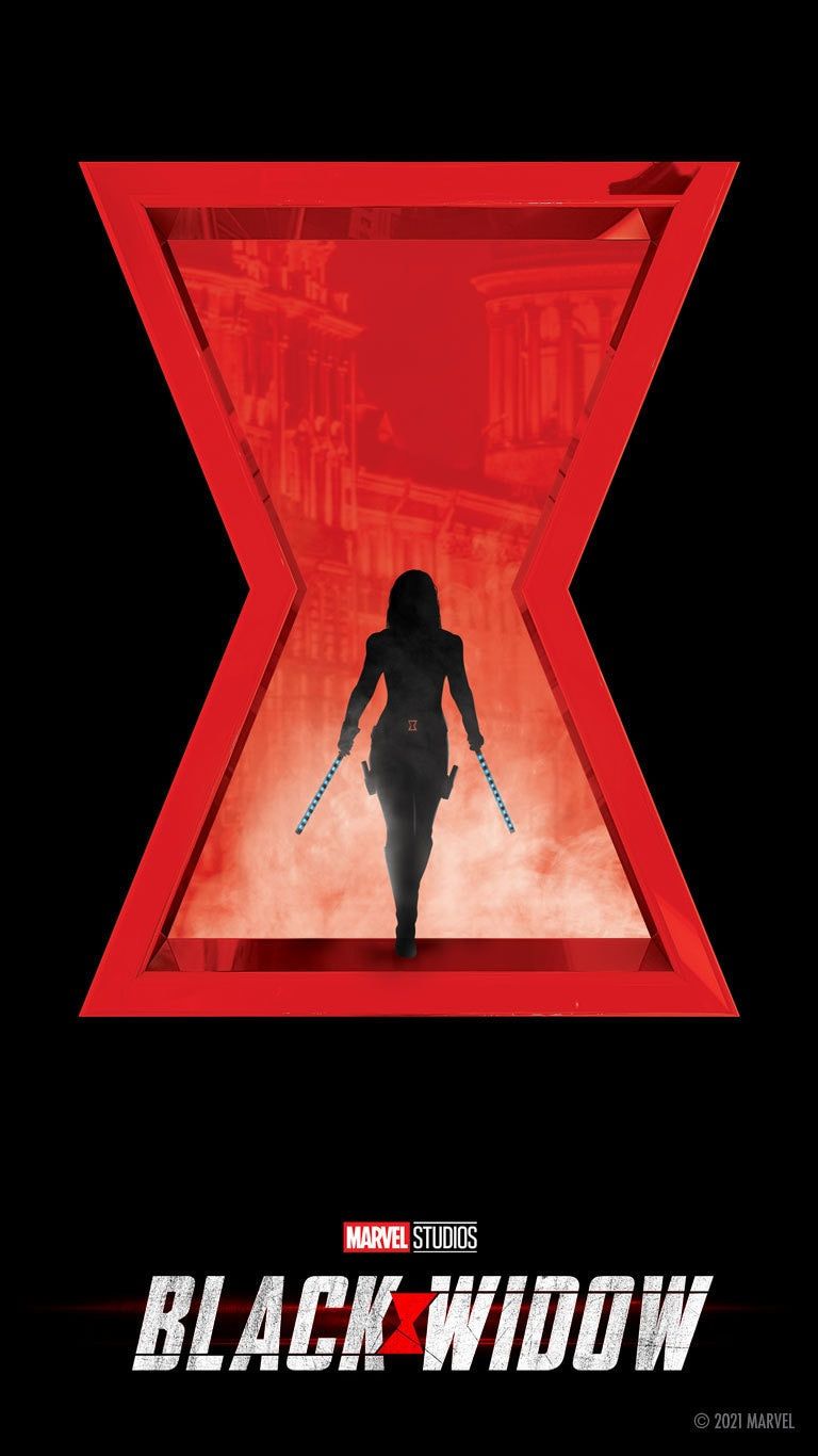 Black Widow movie poster with a silhouette of Black Widow standing in a red X with her two guns drawn. - Marvel