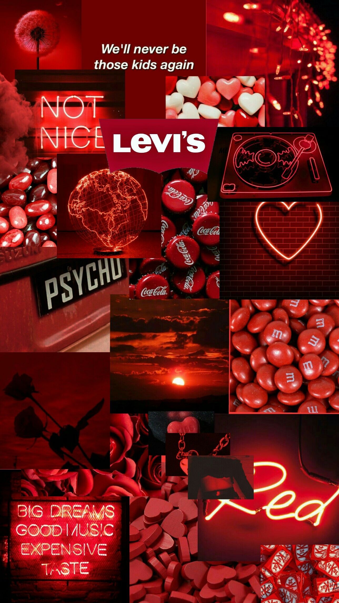 A collage of red items with the words levis on them - Red, dark red