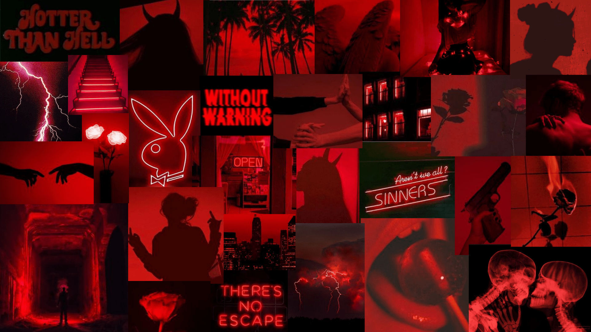 A red aesthetic background with many different pictures. - Dark red