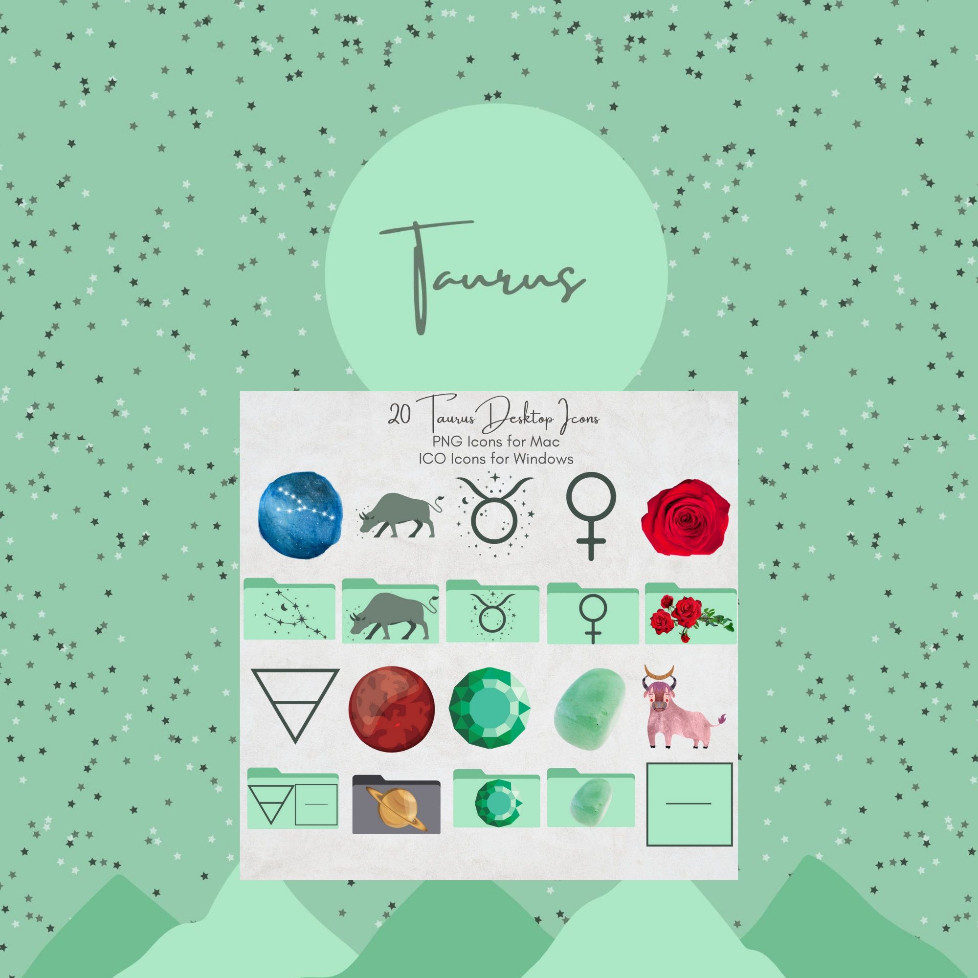 A green background with various zodiac signs - Taurus