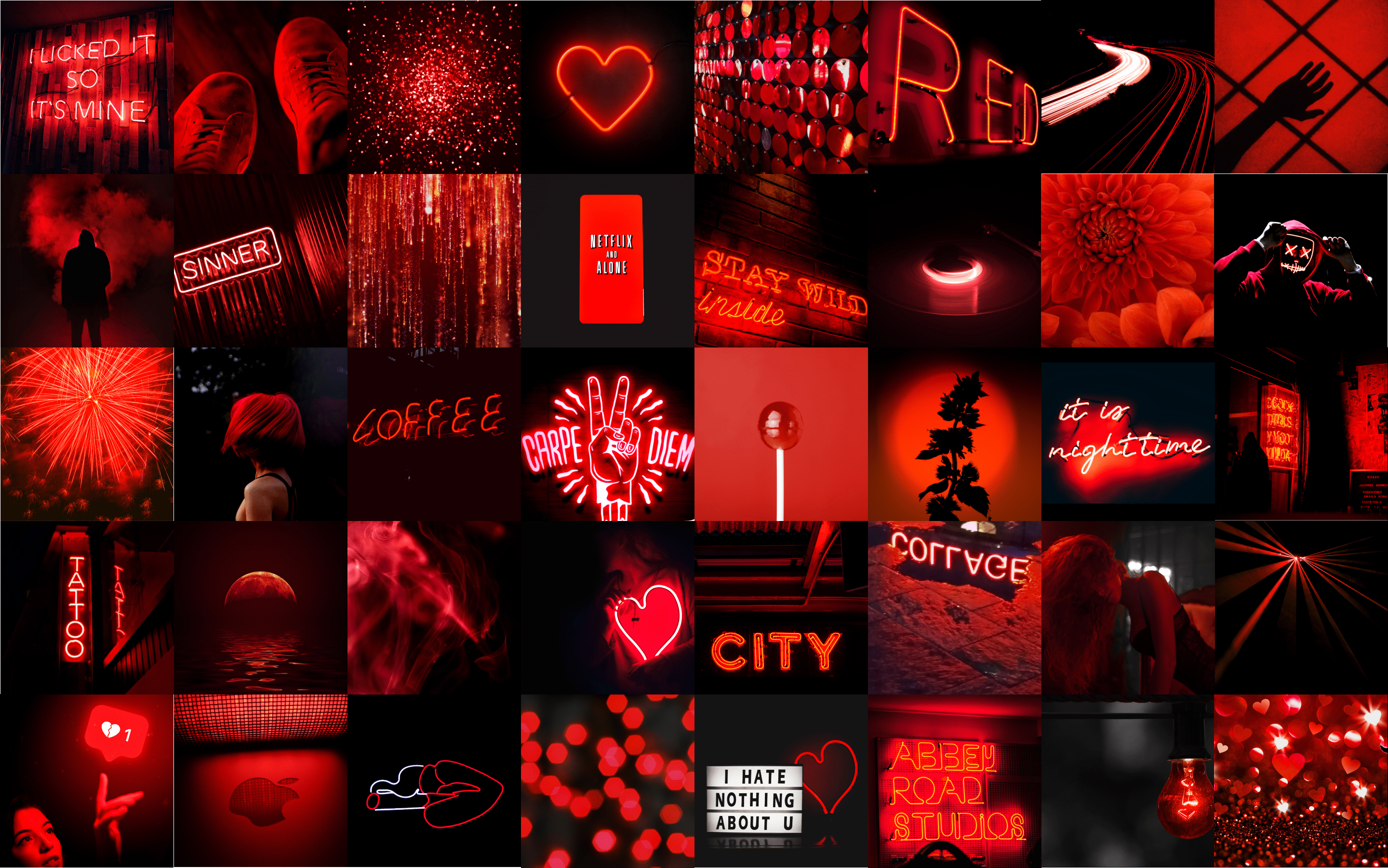 A collage of pictures with red and black colors - Dark red, neon red