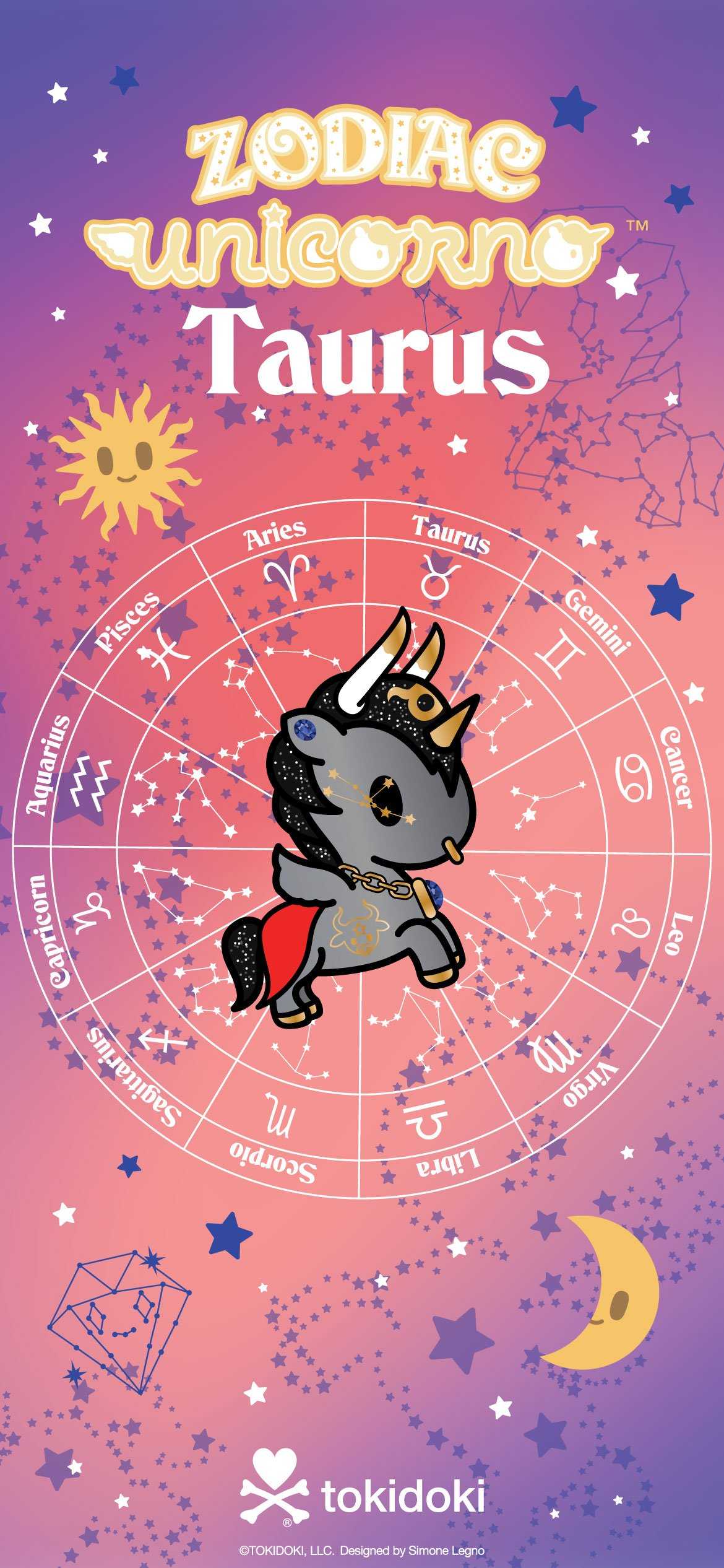 Taurus zodiac sign as a unicorn illustration with a pink and purple background - Taurus