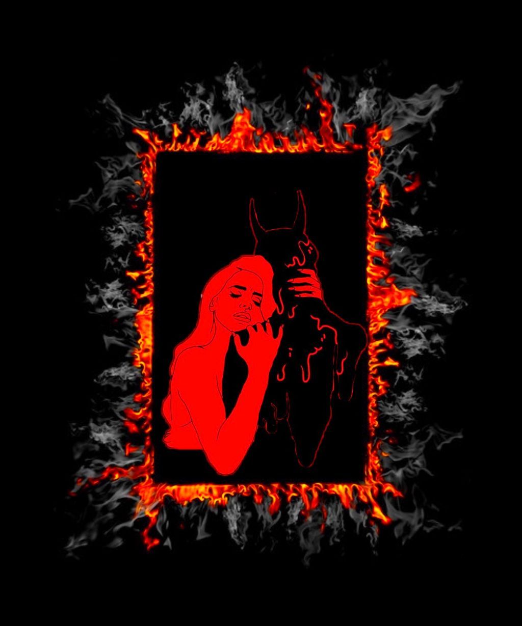 A red and black image of a woman and a dog with a fire frame - Dark red