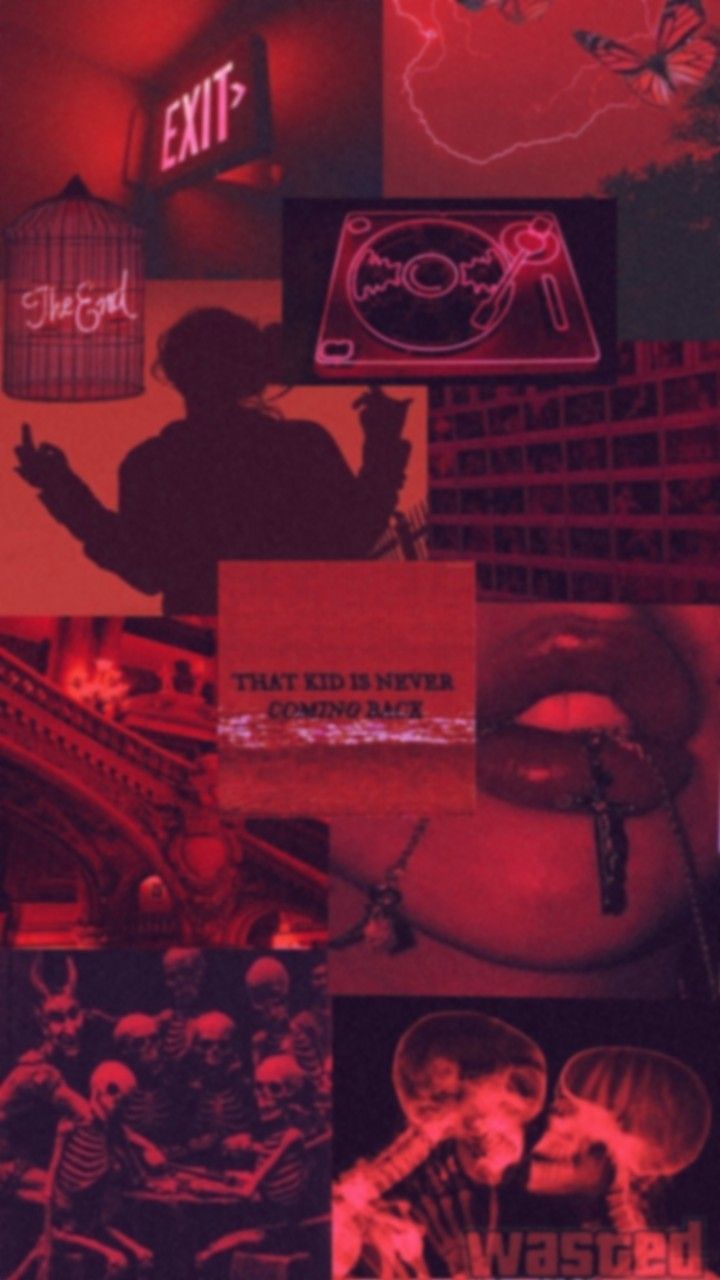 Red aesthetic background with images of a crowd, a birdcage, a vinyl player, and a snake. - Dark red