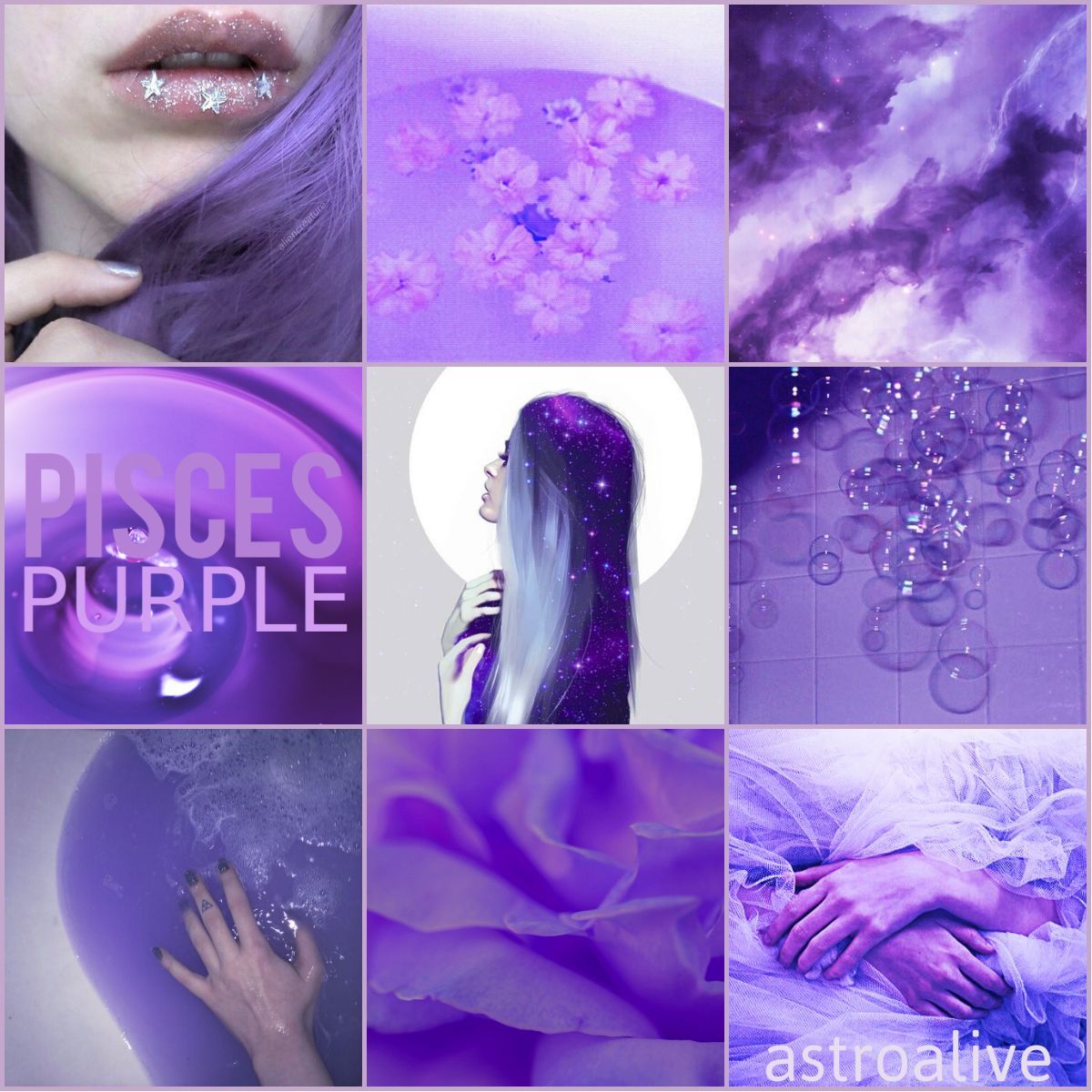 Aesthetic collage for the zodiac sign of Pisces, in purple. - Pisces