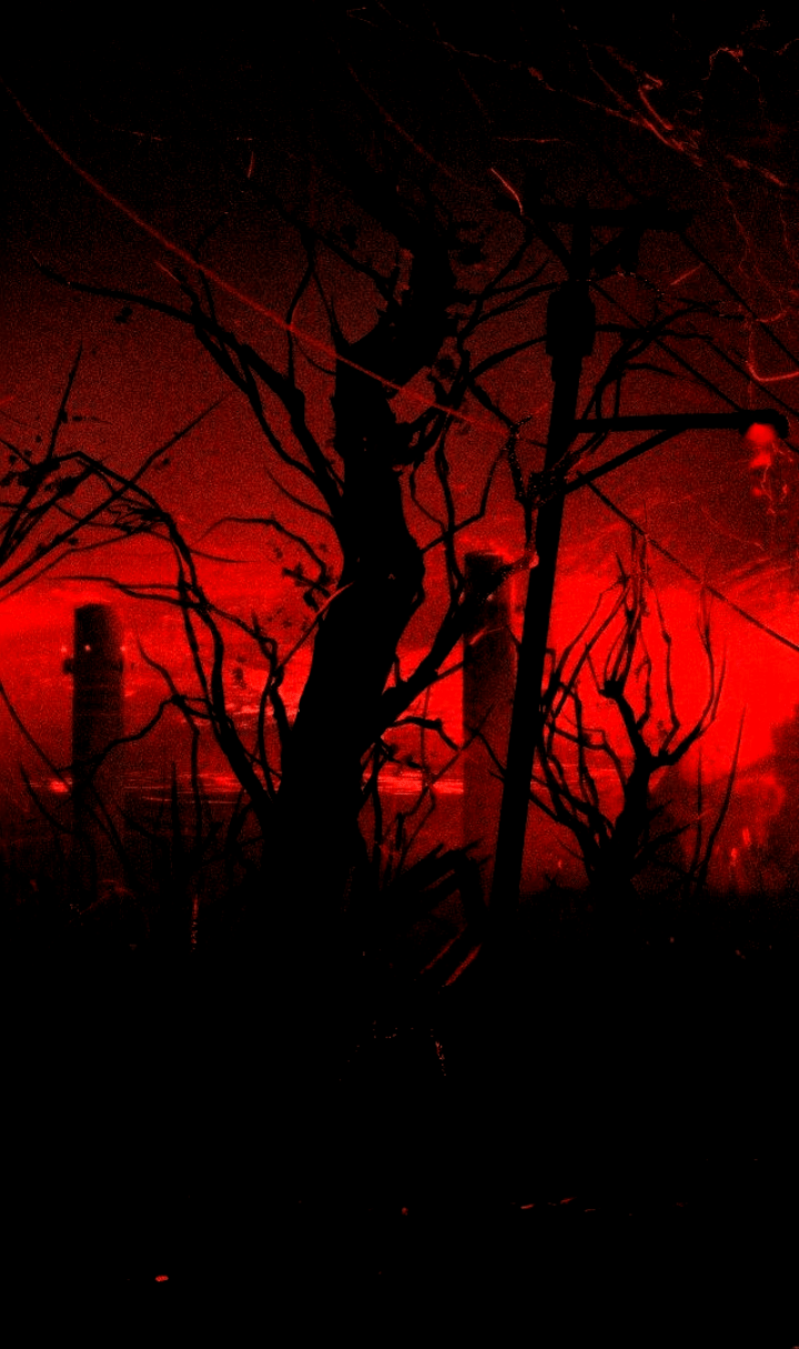 A red sky is shown with trees in the foreground. - Dark red, creepy
