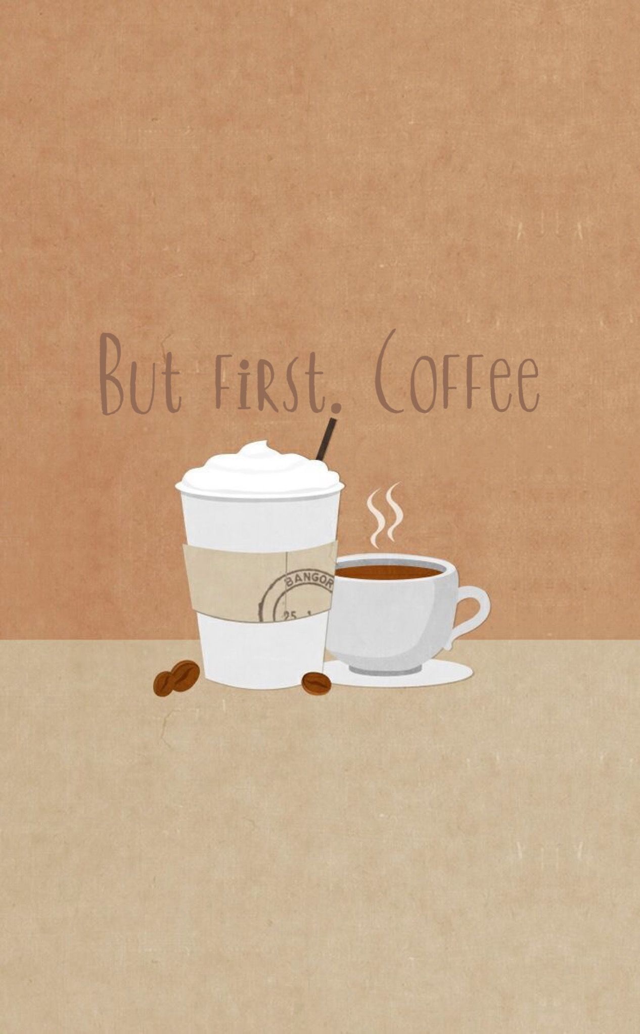 A brown background with a cup of coffee and a to-go cup of coffee with the words 