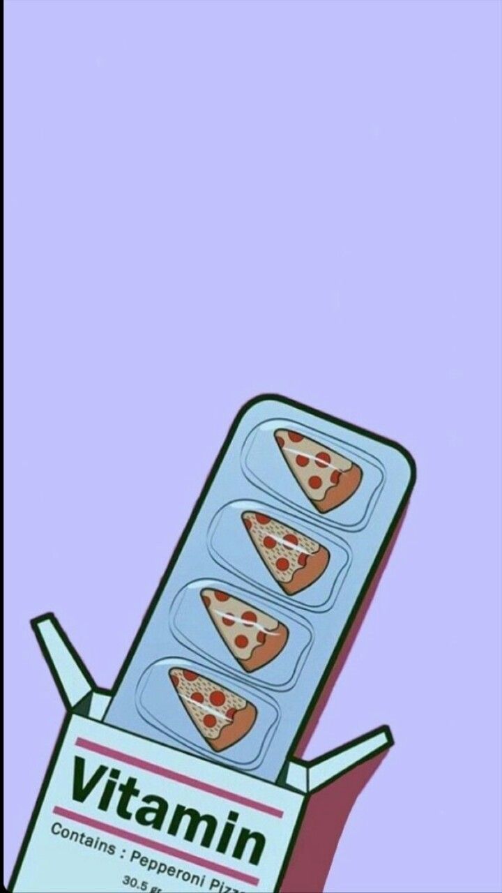 A cartoon of pizza in the box with vitamin - Pizza