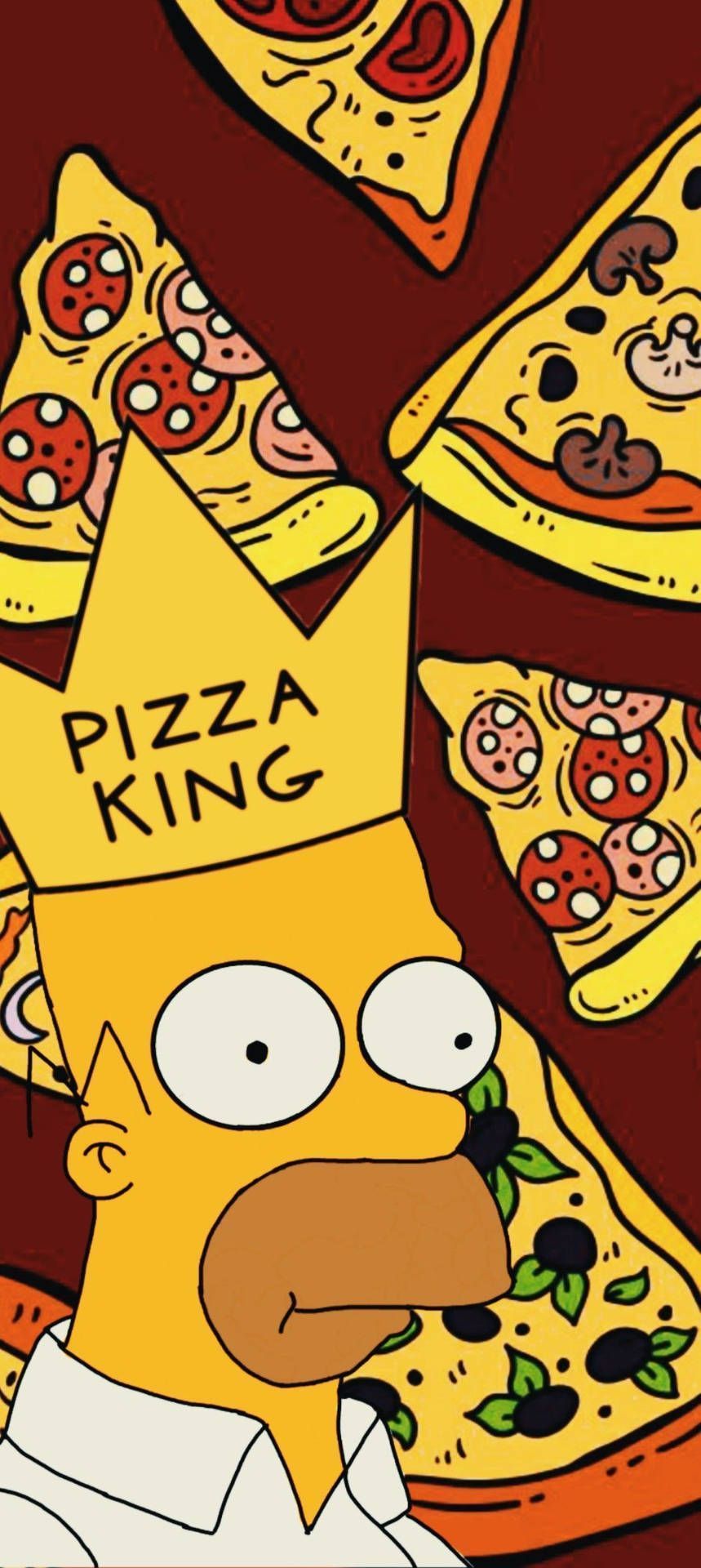 Homer Simpson with a Pizza King crown and slices of pizza - Pizza