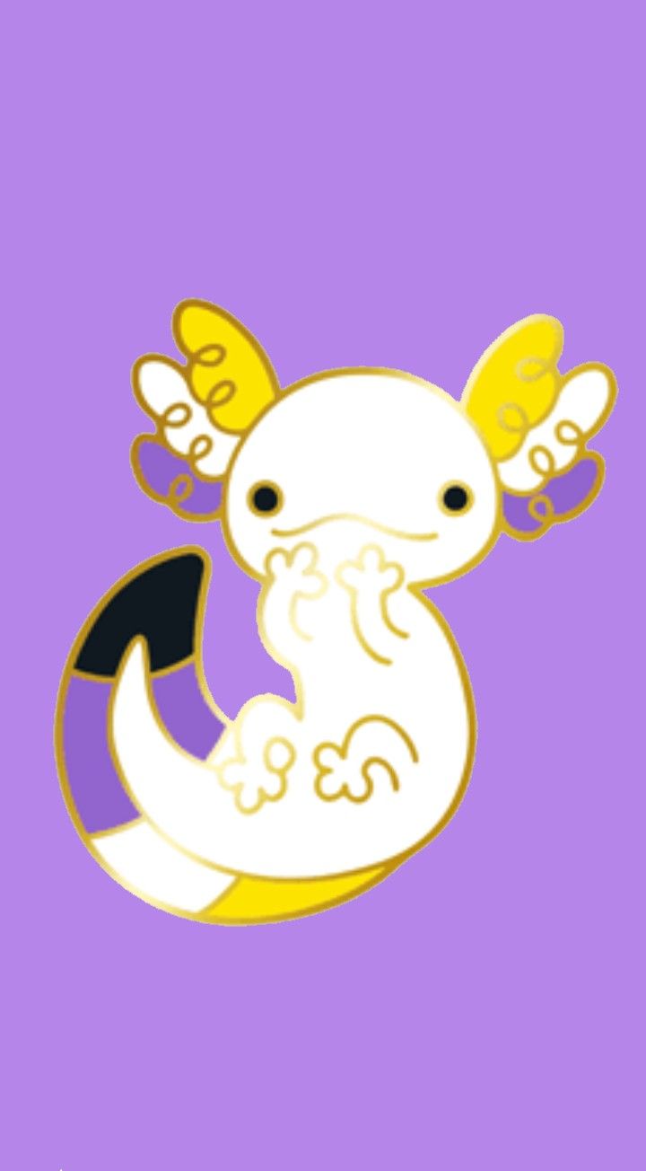 A white axolotl with yellow horns and a black shell. - Non binary