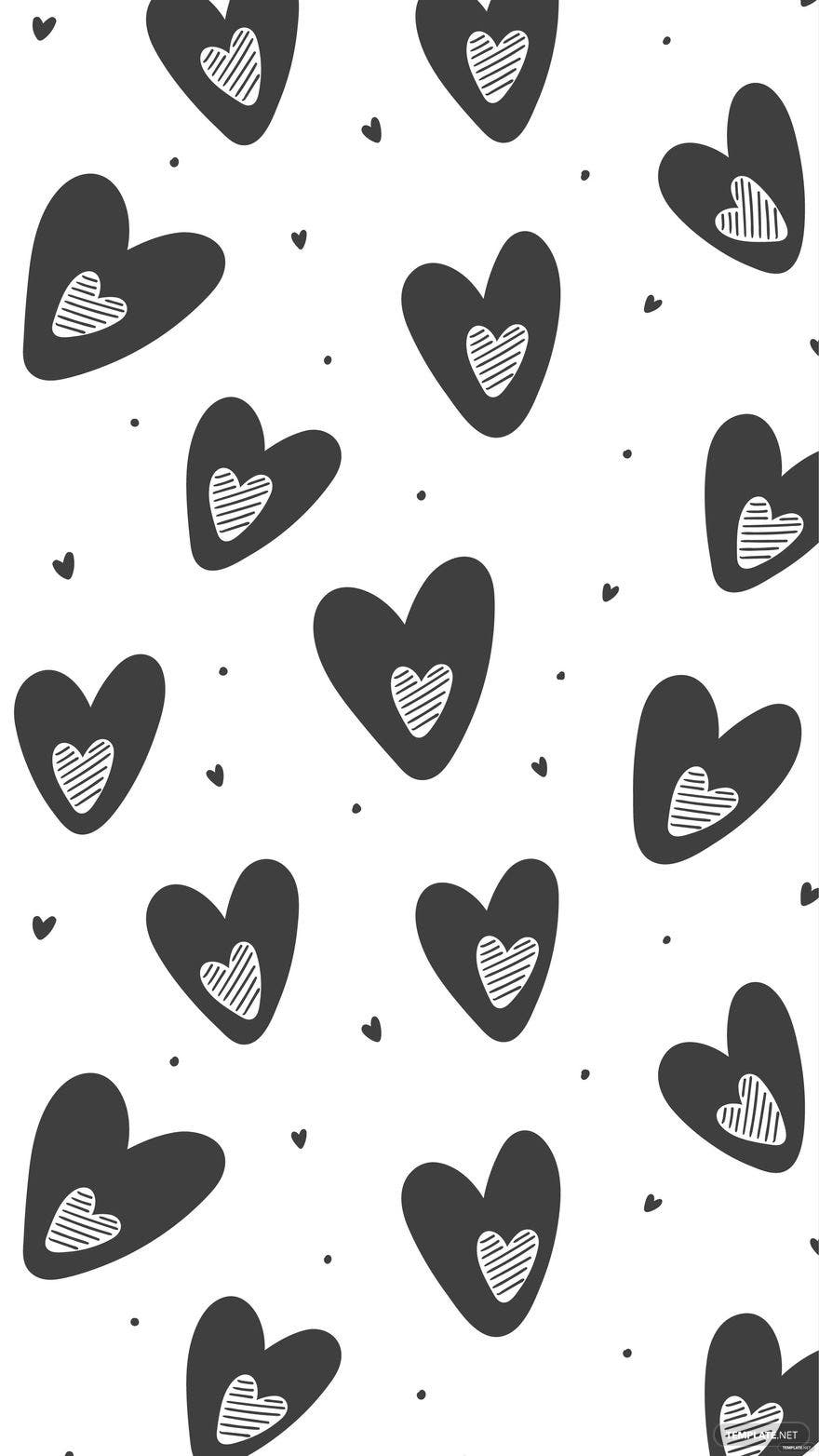 A free iPhone wallpaper with a pattern of black hearts on a white background - Black heart, black and white