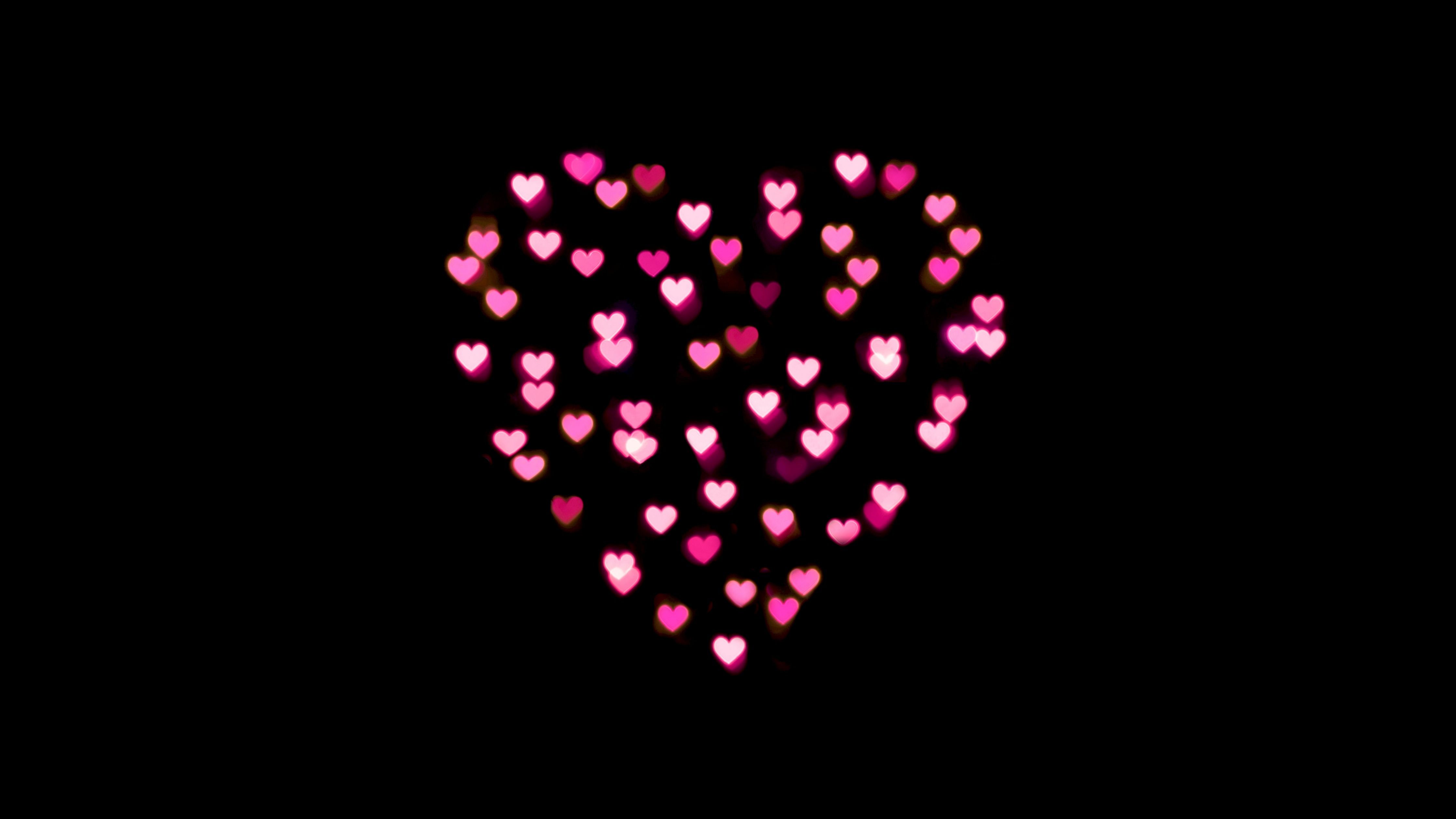 Love Heart Wallpaper 4K, Pink Hearts, Lights, Black Dark