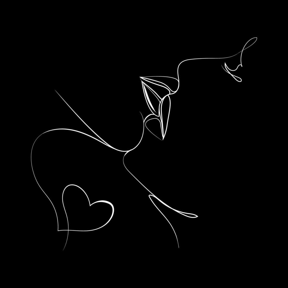 Lovers couple kissing Minimal art Face drawing Vector illustration on black background.Line Art Abstract Men and woman kissing.Couple print, Kiss print, Valentines Day Illustration