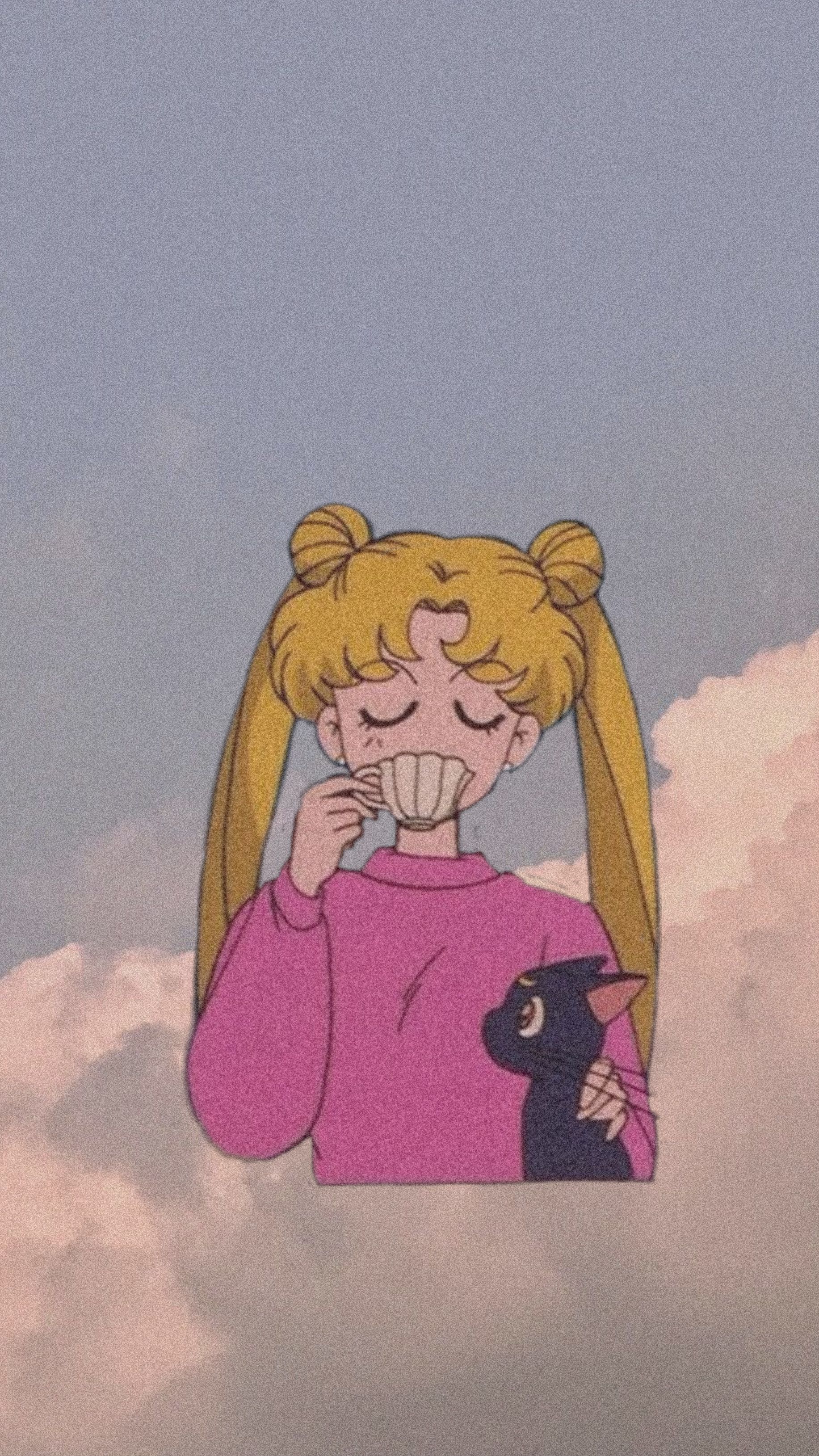 Aesthetic wallpaper of a cartoon character in a pink sweater standing in the clouds - Sailor Moon