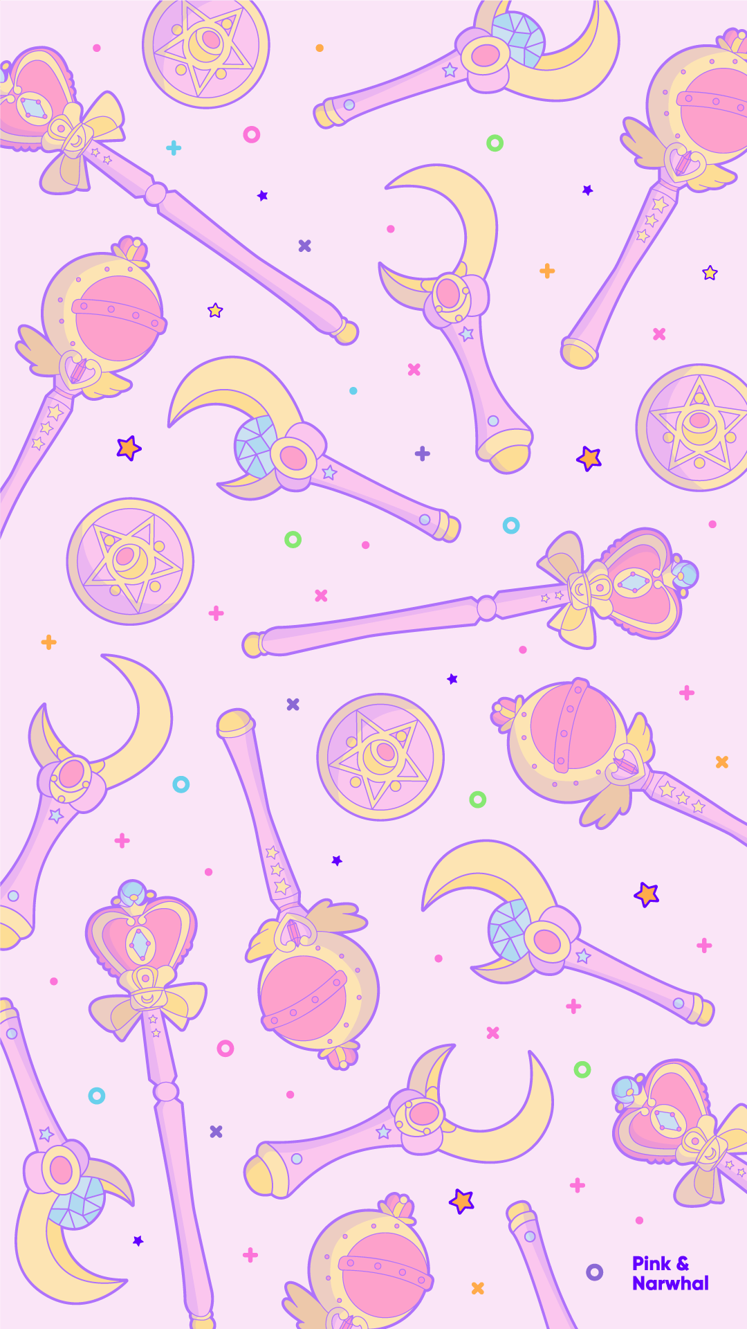 A pink background with lots of different items - Sailor Moon