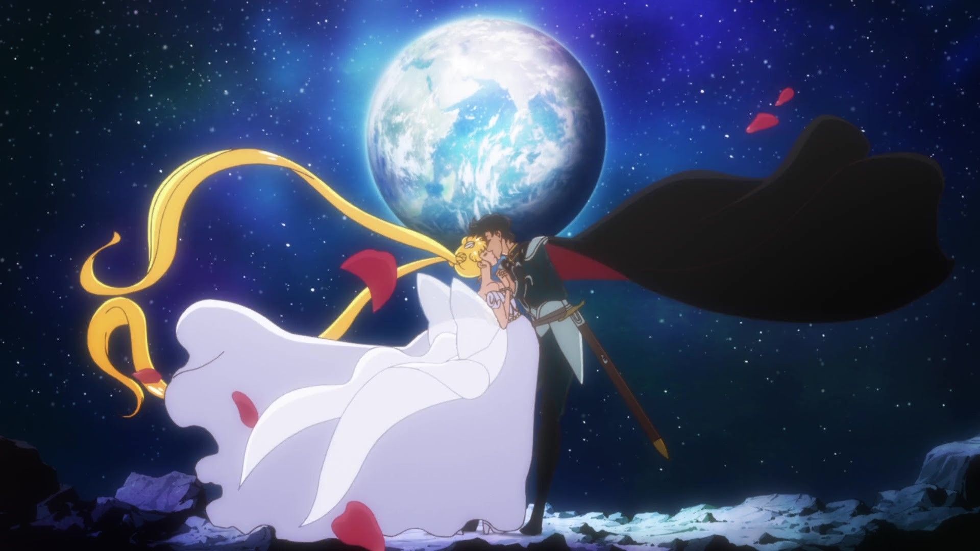 Anime couple standing in front of a moon - Sailor Moon