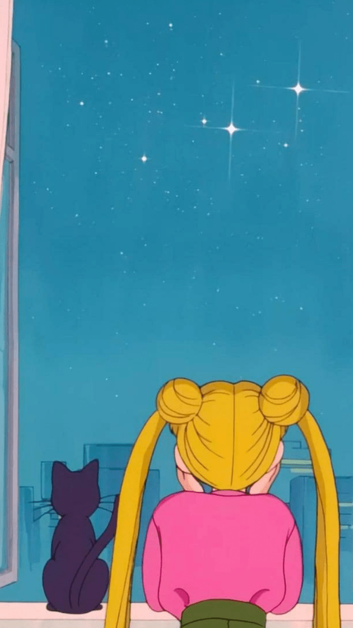 A cartoon character is looking out the window at stars - Sailor Moon