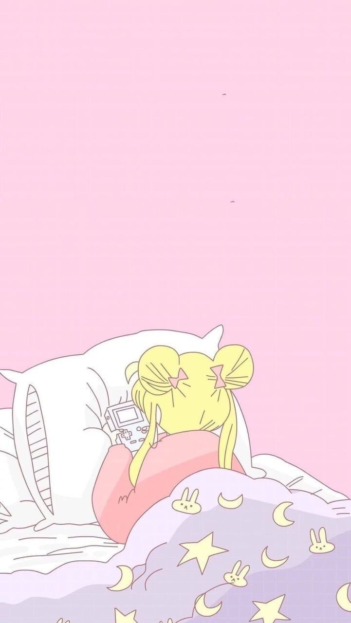 Sailor moon sleeping in a pink bed, sailor moon aesthetic wallpaper, pink background - Sailor Moon