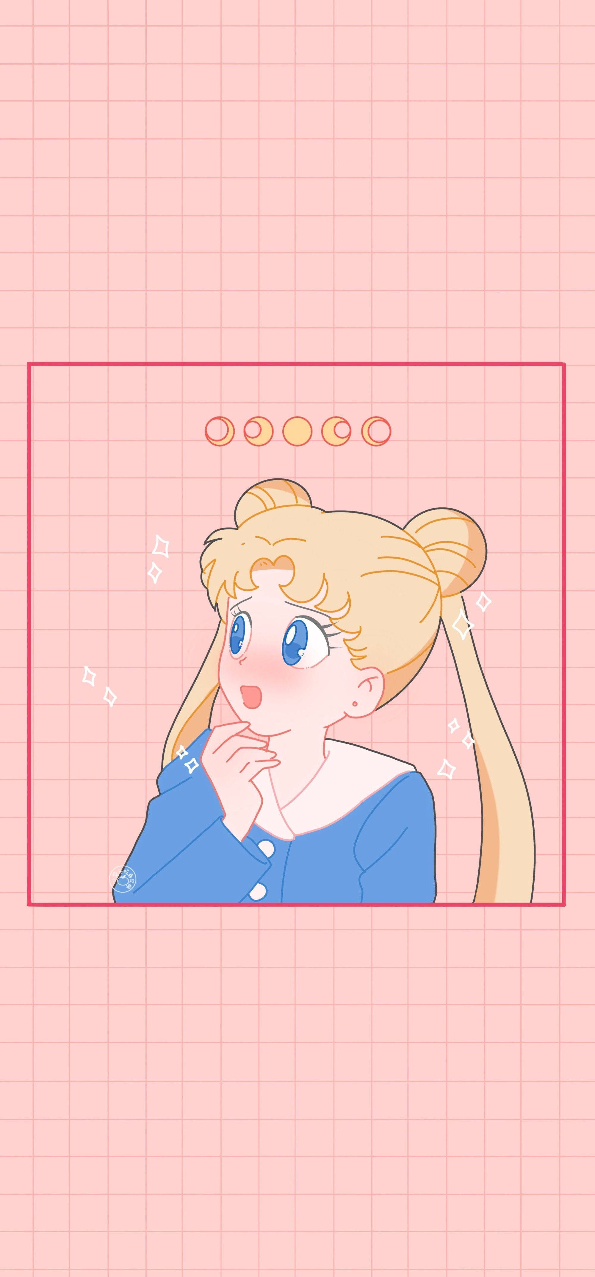 A cartoon character with blue hair and pink background - Sailor Moon