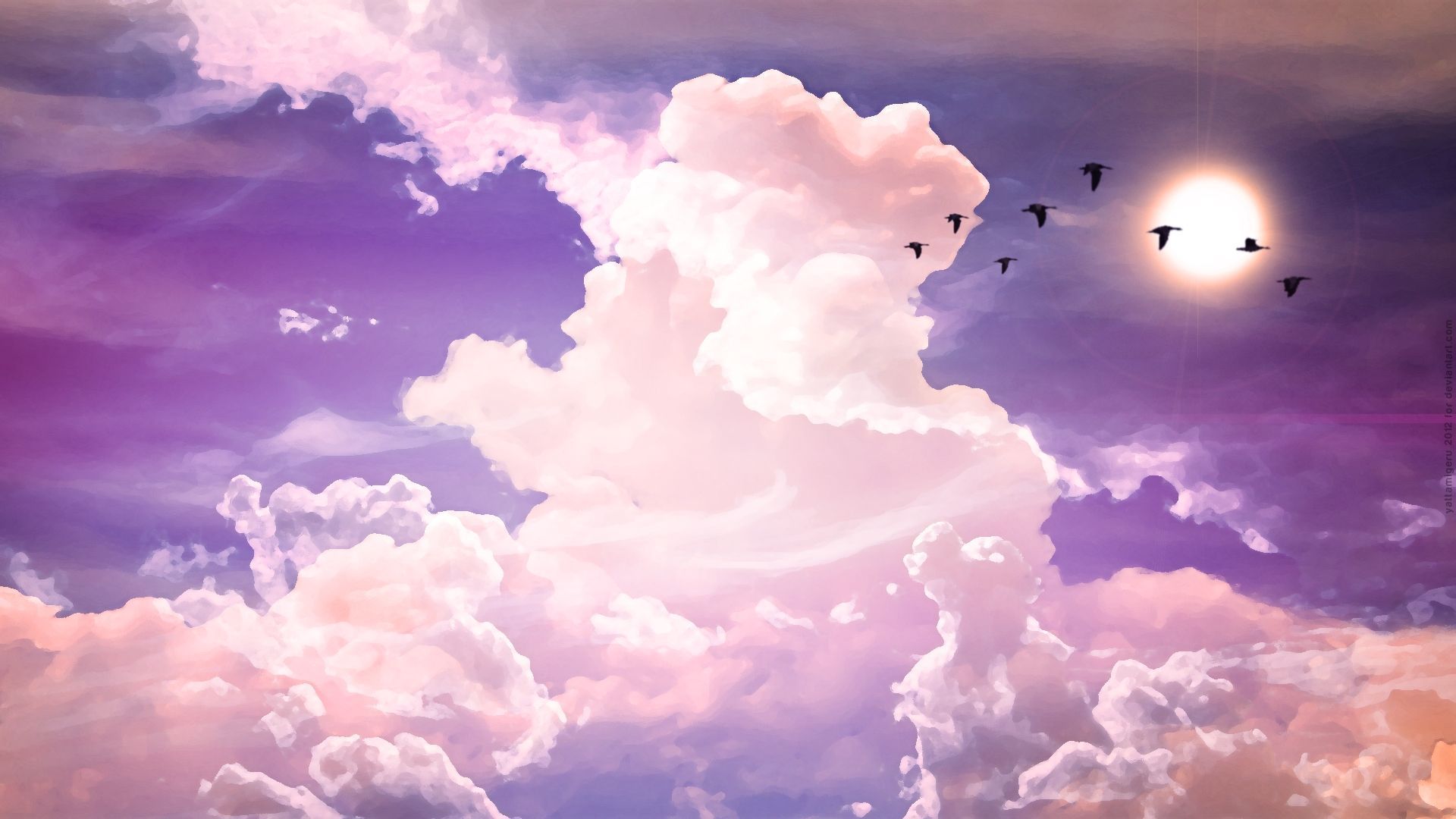 A flock of birds flying in the sky - Sky, cloud, sunshine, pastel purple