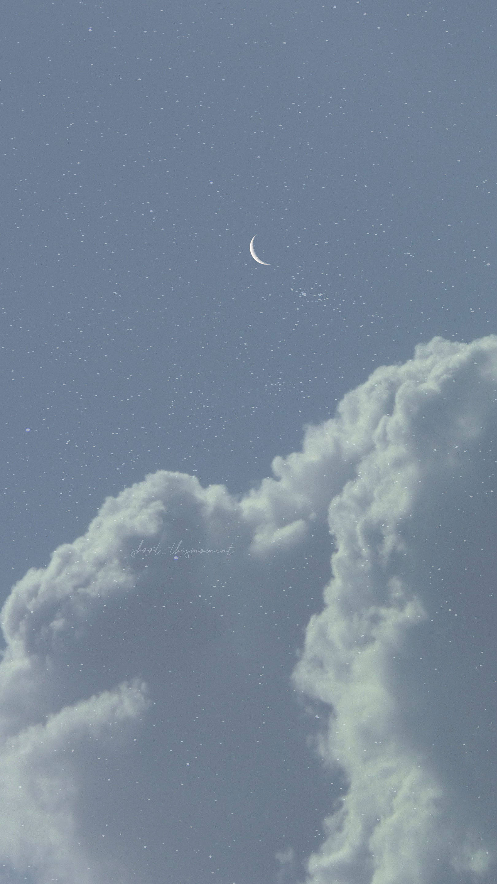 Aesthetic phone wallpaper of a blue sky with white clouds and a crescent moon. - Sky, magic
