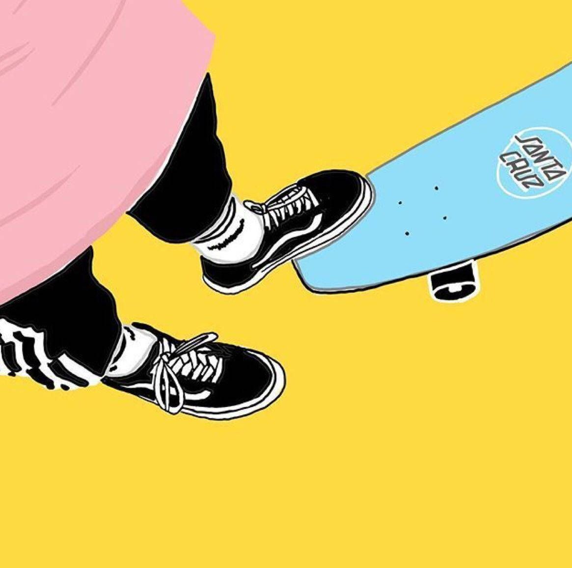 A pair of feet with a pink sock and black shoe is standing on a blue skateboard. - Skate, skater