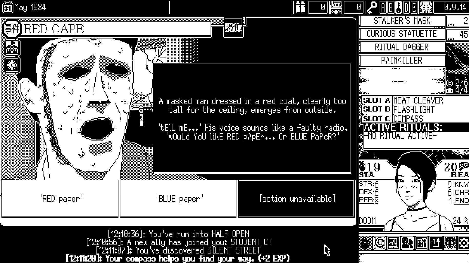 A black and white screenshot of a man with a mask on a computer screen. - Horror
