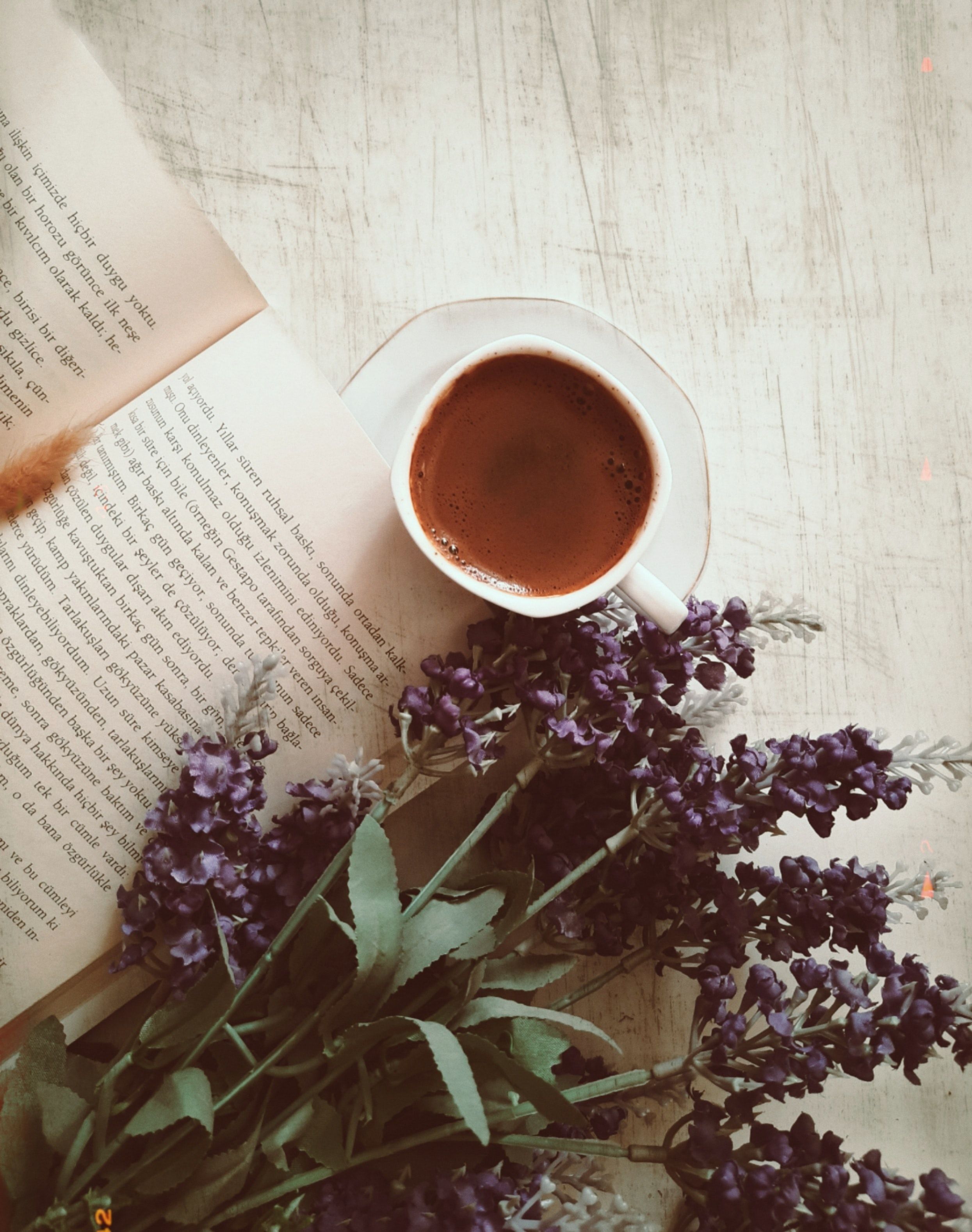 Download wallpaper 2490x3157 coffee, cup, book, flowers, text HD background