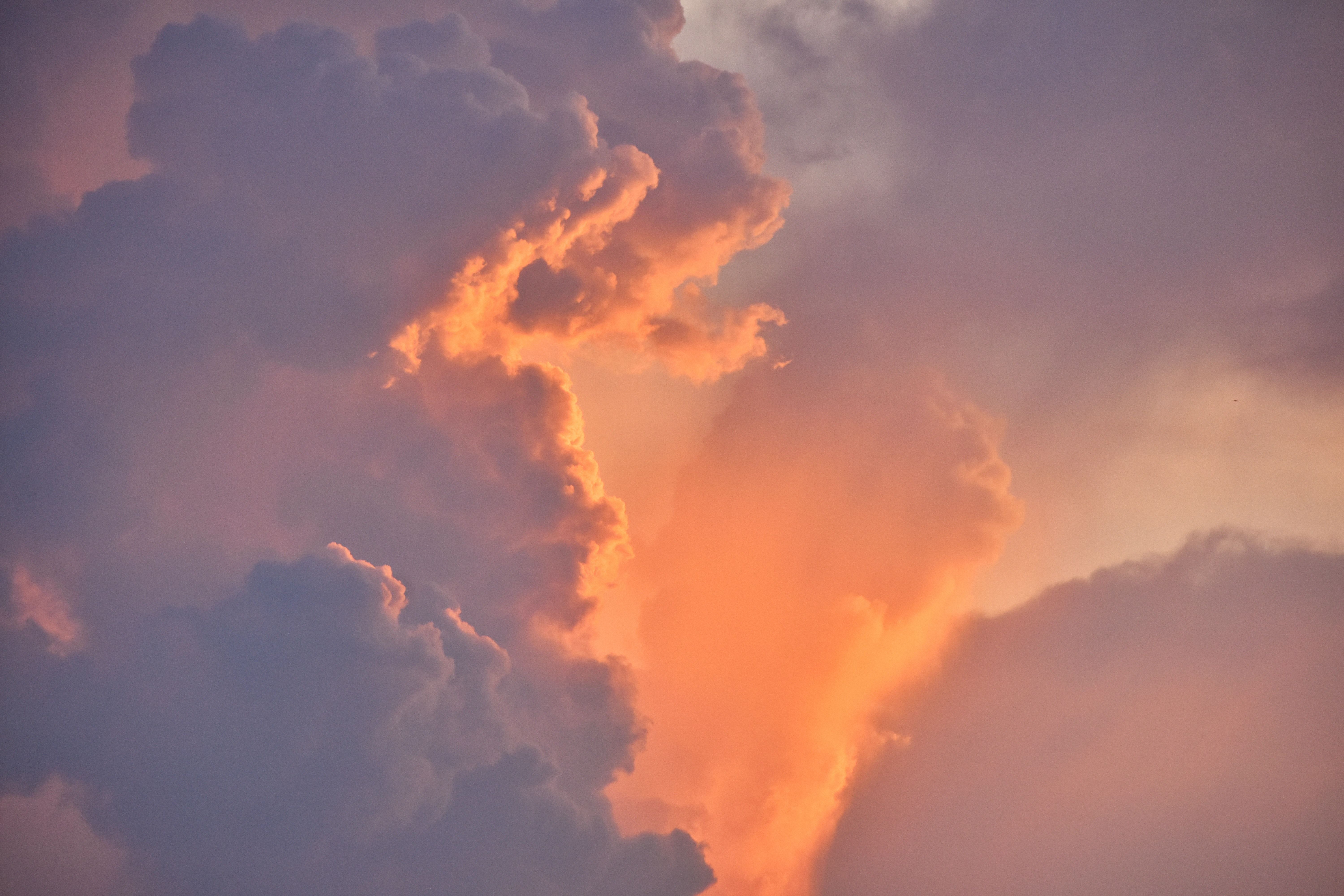 A photo of a cloud with a pink and purple hue. - Sky