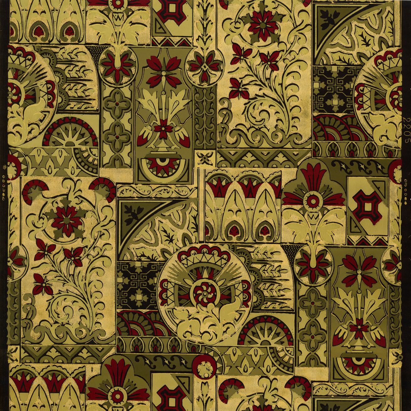 A pattern of square tiles in black, red, and gold, featuring a variety of floral and geometric shapes. - Gothic