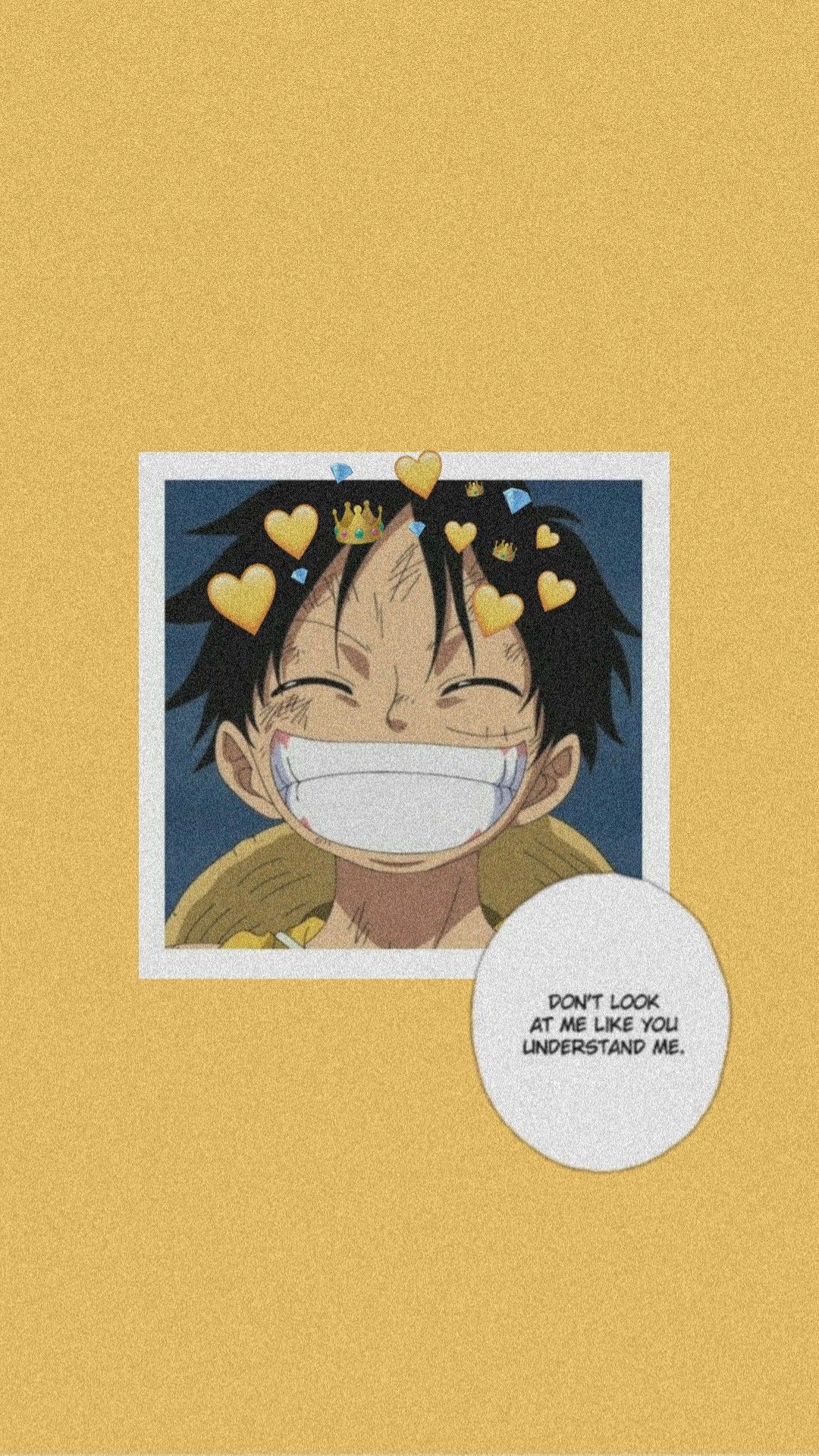 Aesthetic anime wallpaper of Luffy from One Piece with hearts around his head and a quote that says 