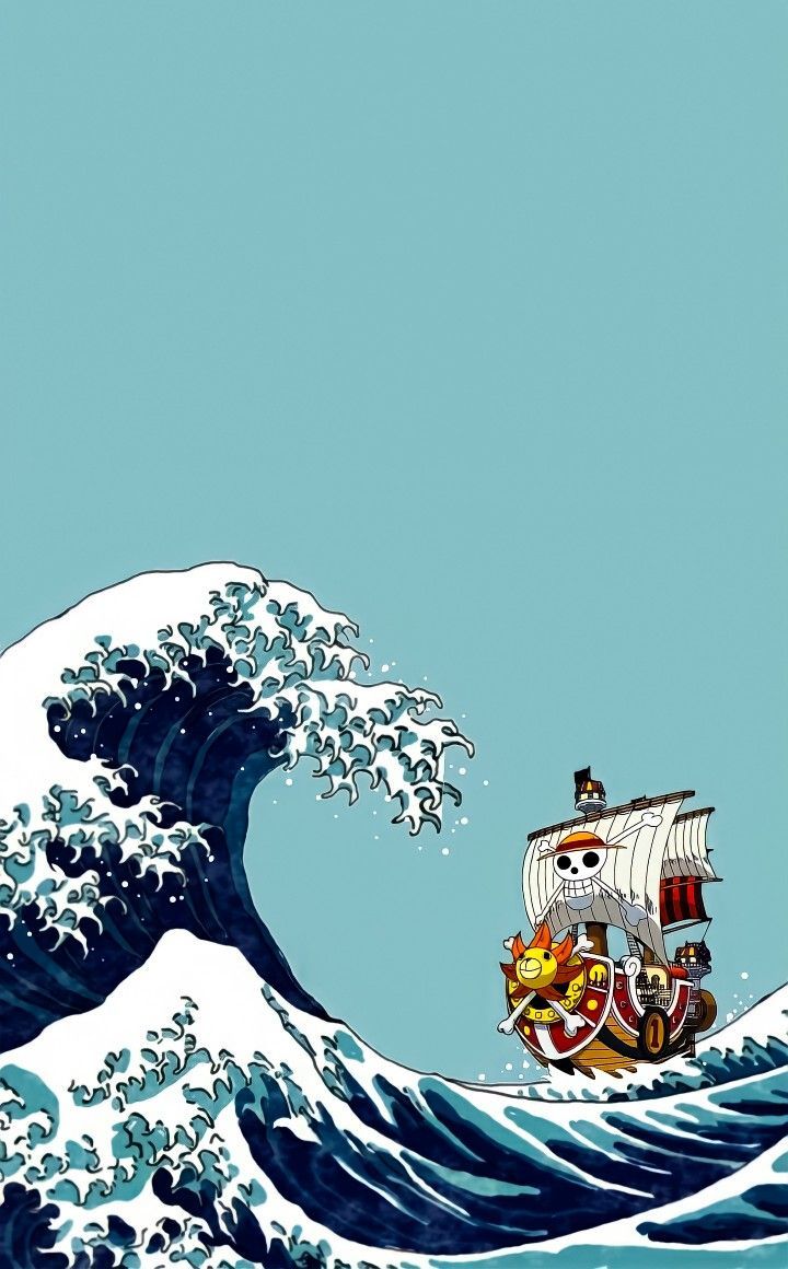 A digital art piece combines the Great Wave off Kanagawa with a ship from One Piece. - One Piece