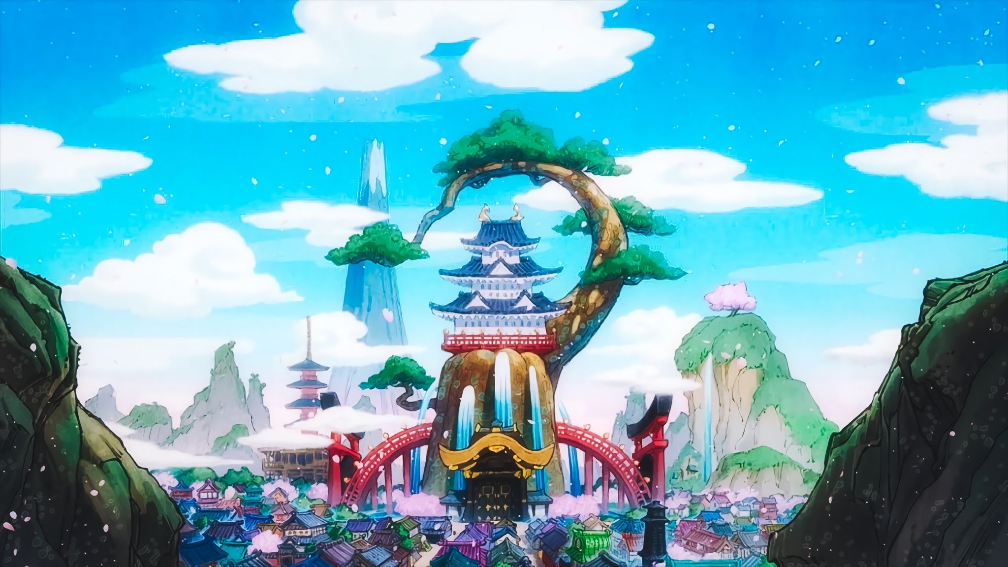 A village with a large tree in the middle and a pagoda in the background. - One Piece