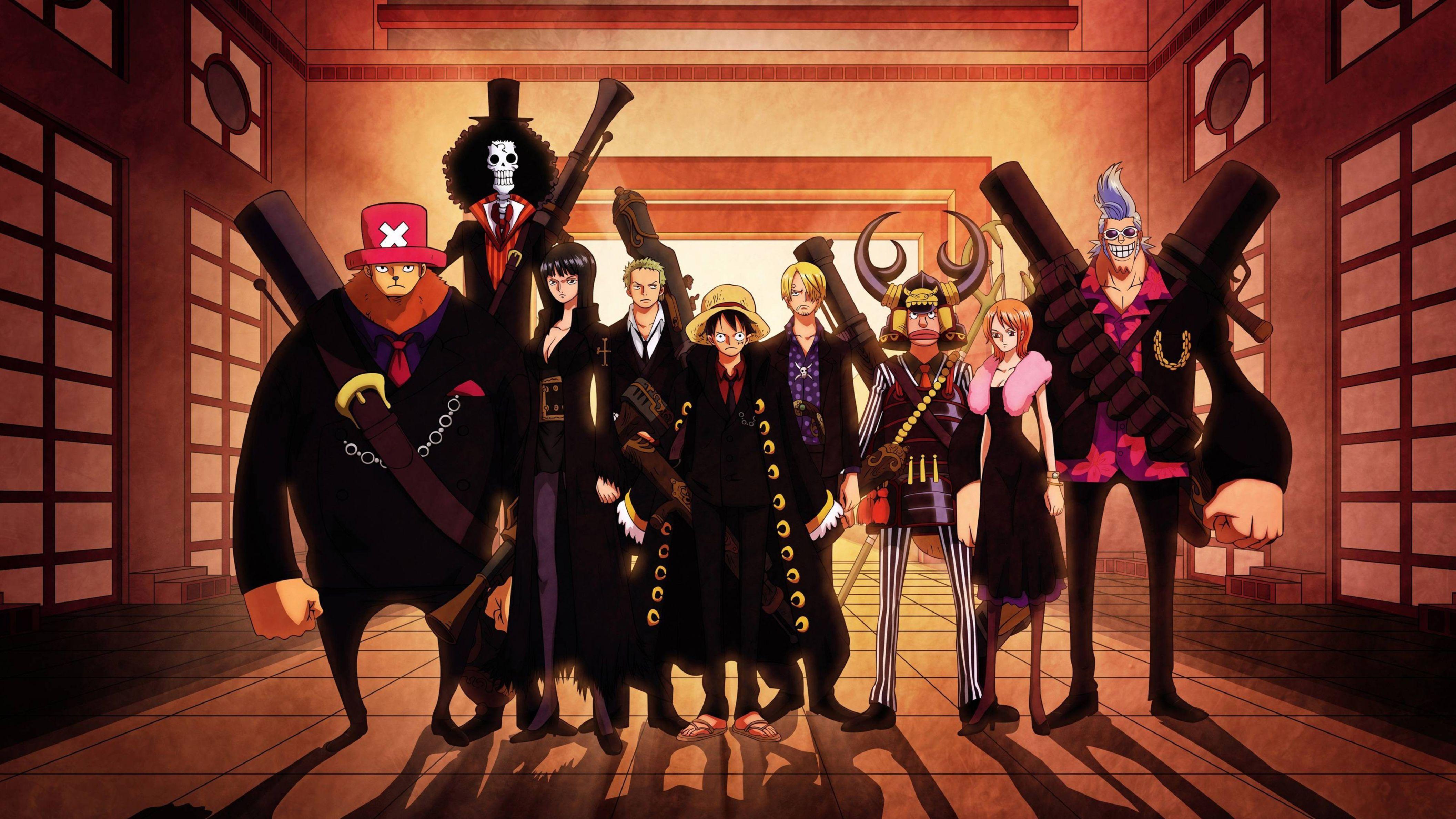 One Piece anime wallpaper with the Straw Hat Pirates in their headquarters. - One Piece