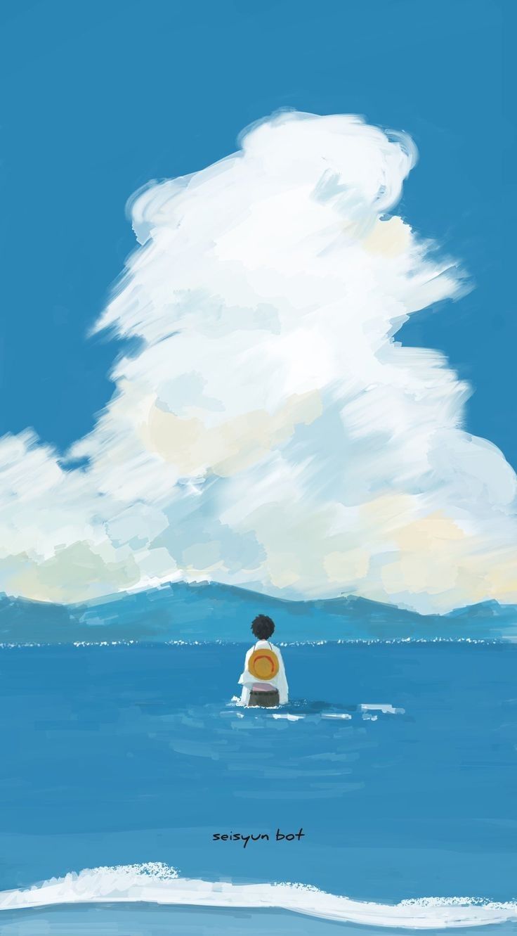 Boy sitting on the sea with a blue sky - One Piece