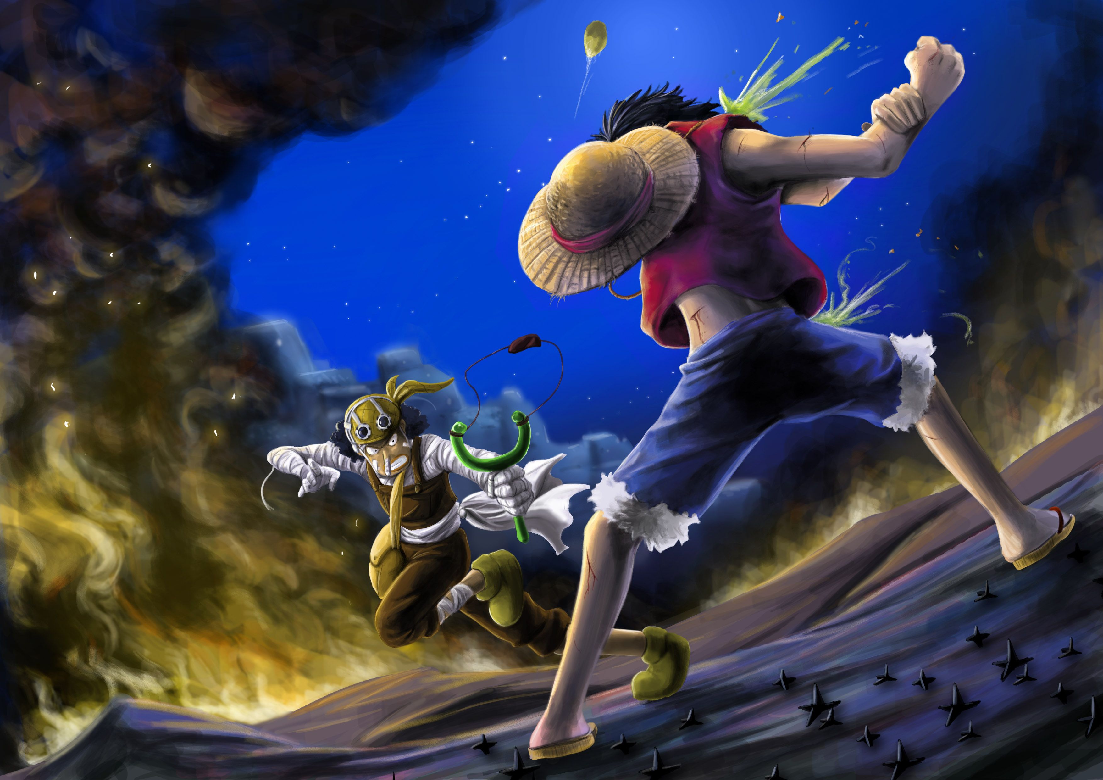 Monkey D. Luffy, one of the main characters of the anime One Piece, runs with his arms outstretched, while behind him Sanji, another character, is seen running with a cooking knife in hand. The background is a night sky with a fire in the distance. - One Piece