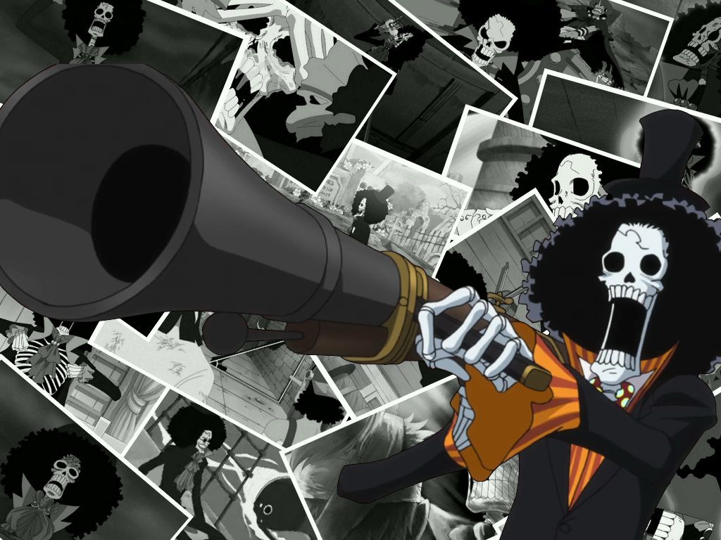 A skeleton holding a large gun with pictures of the crew all around - One Piece