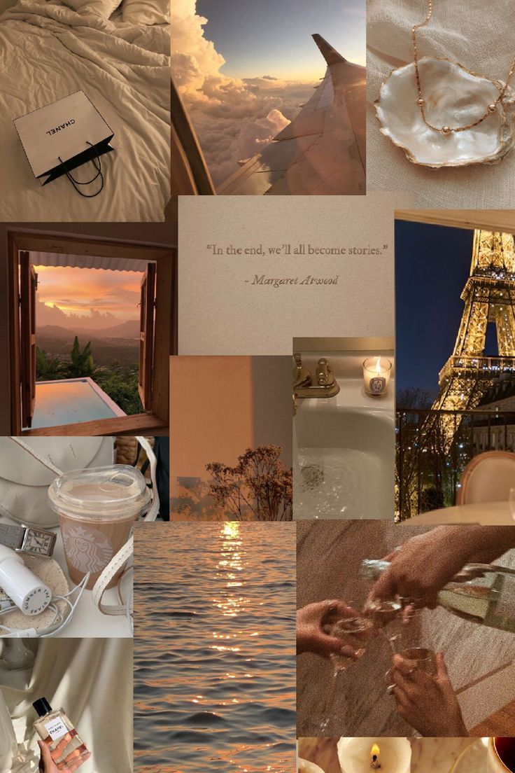 A collage of images including a book, a plane wing, a candle, a sink, a bottle, a cup, a sunset, a shell, a person's hand, a bottle of perfume, and the Eiffel Tower. - Cream