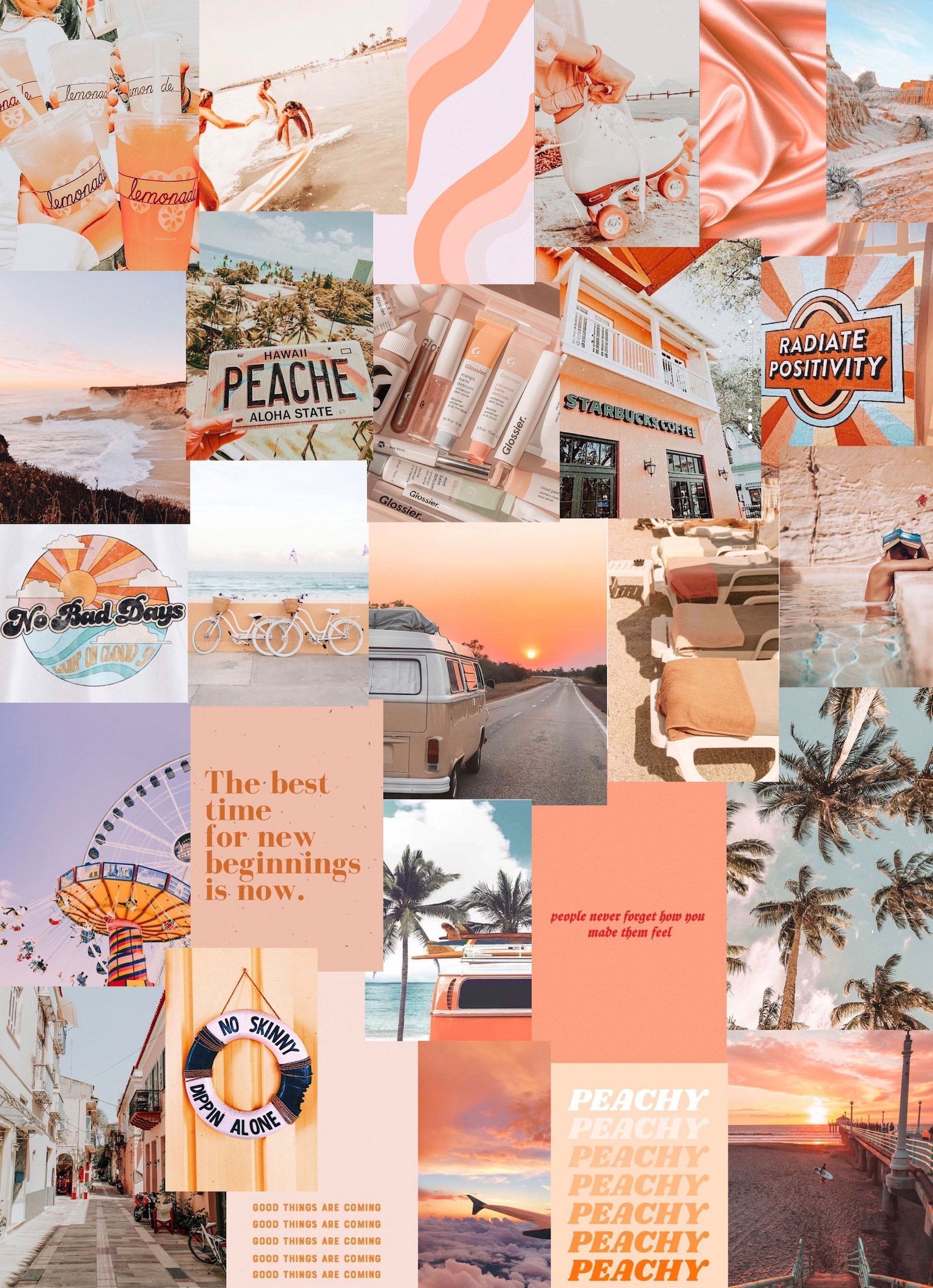 A collage of peach and coral aesthetic images including palm trees, a sunset, and a ferris wheel. - Beach, Hawaii, collage