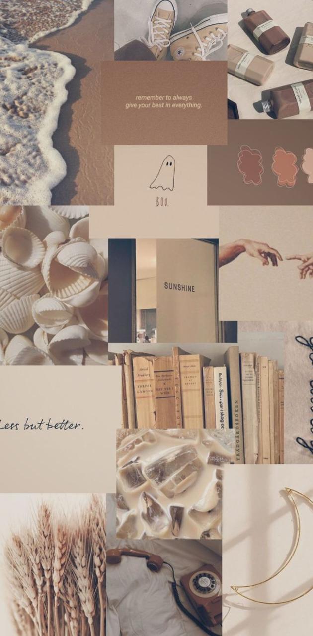 A collage of different items and books - Cream
