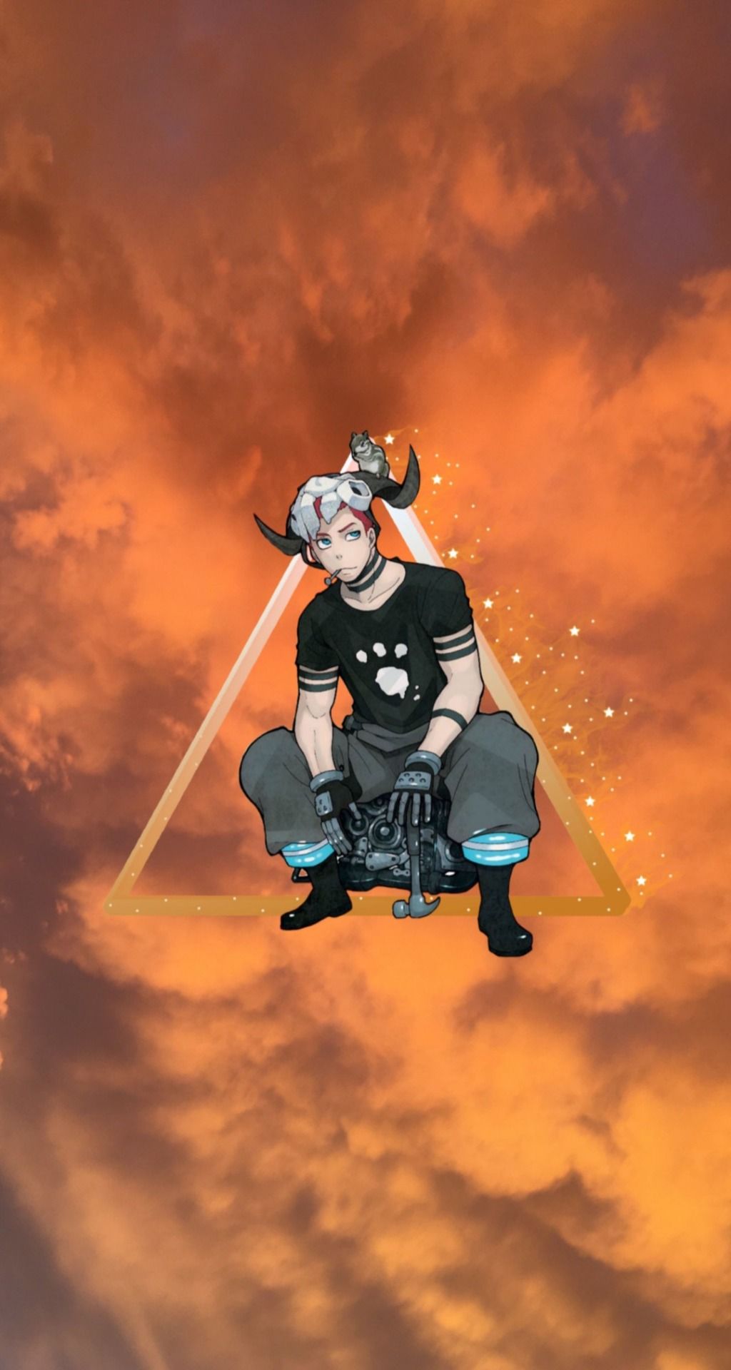A boy with horns and a cat on his head sitting on clouds - Fire