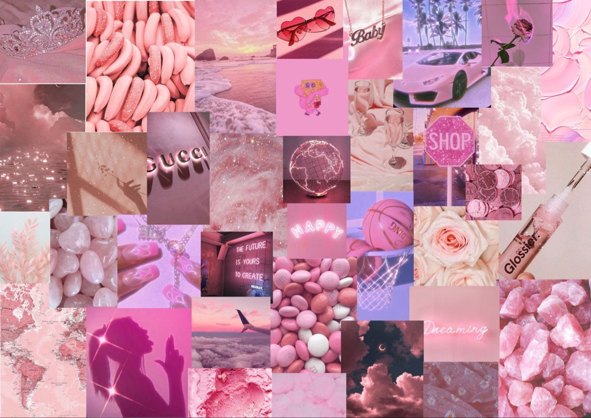 A collage of pictures with pink backgrounds - Pink