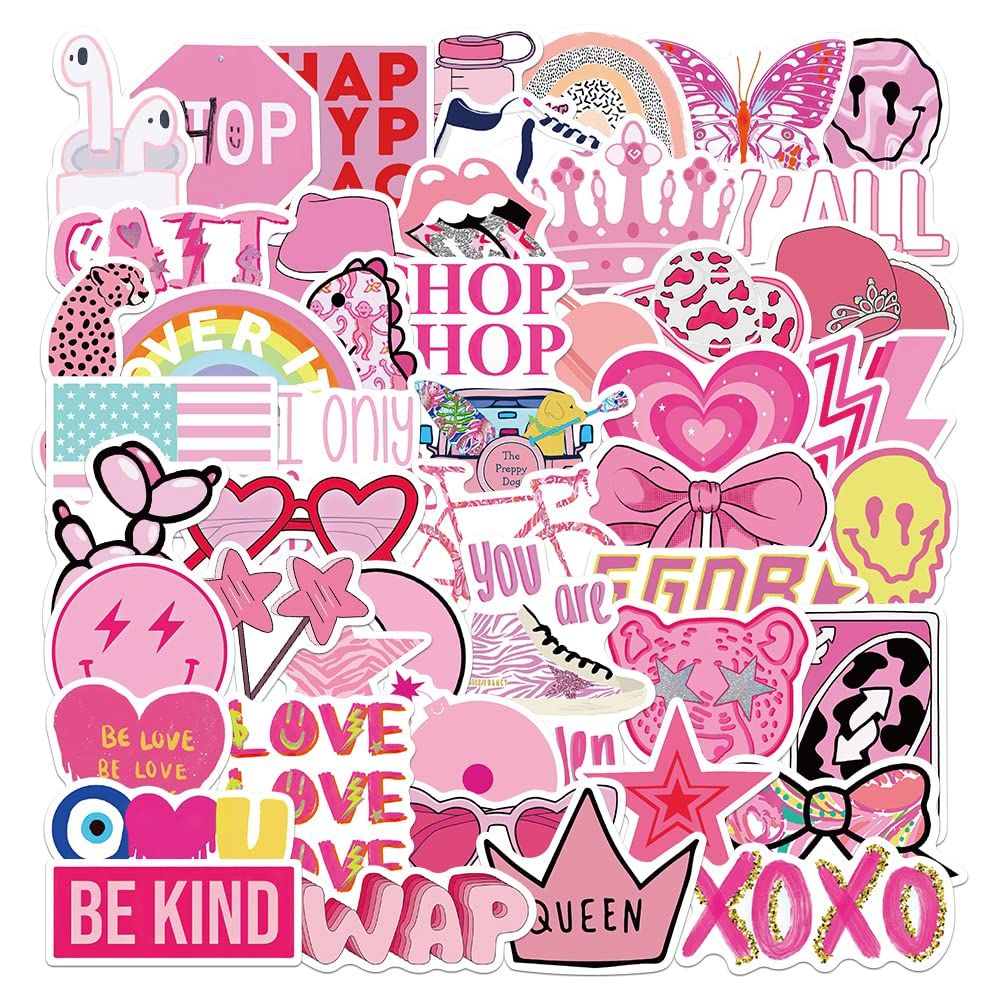50Pcs Preppy Smile Happy Face Bolt Vinyl Sticker Party Supplies Cowgirl Vinyl Waterproof Sticker Aesthetic Stickers Decor Pink Party Mobile Phone Stickers for Laptop Water Bottle Potion Bottle : Toys