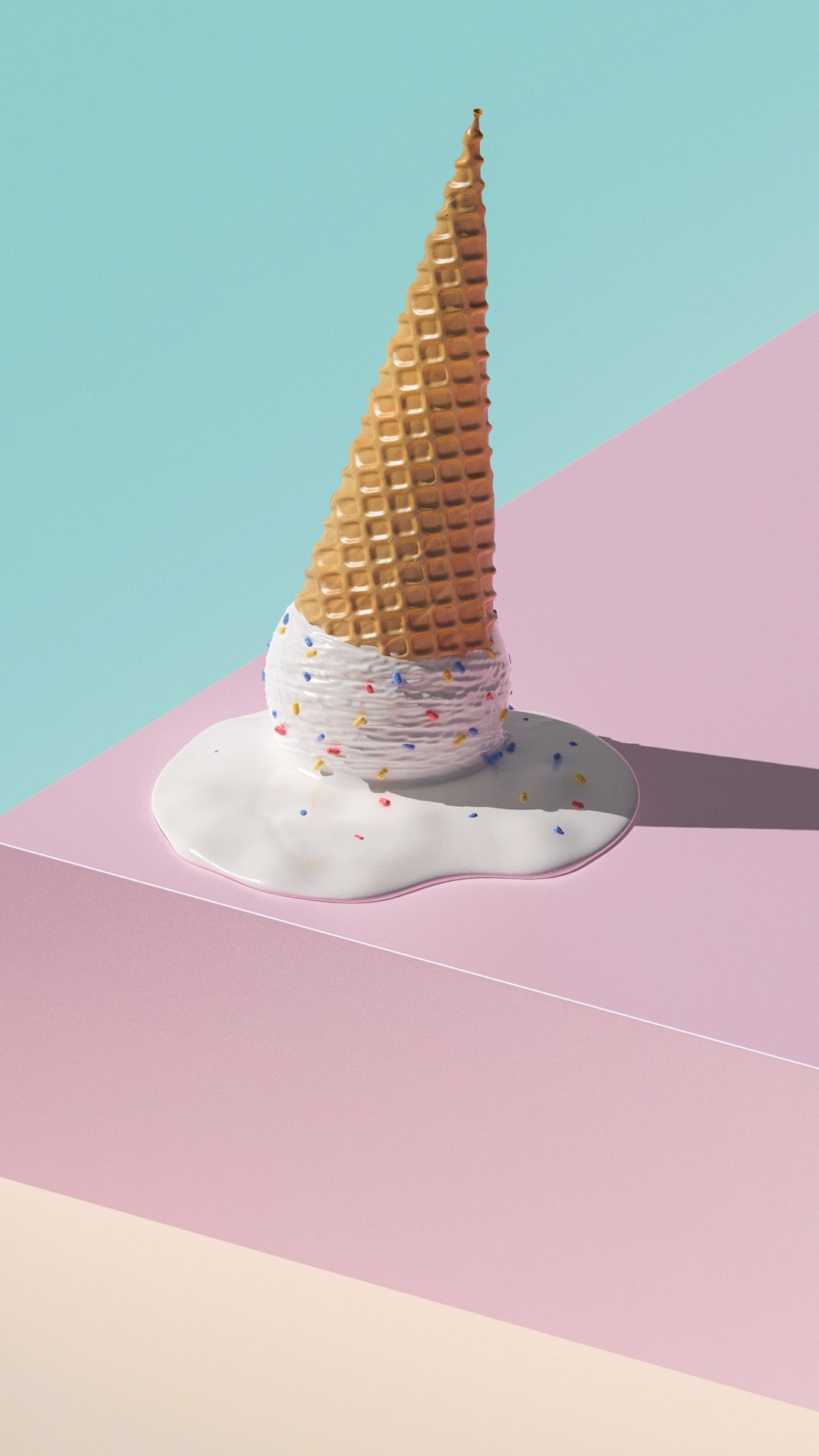 A cone shaped ice cream on top of pink and blue - Ice cream