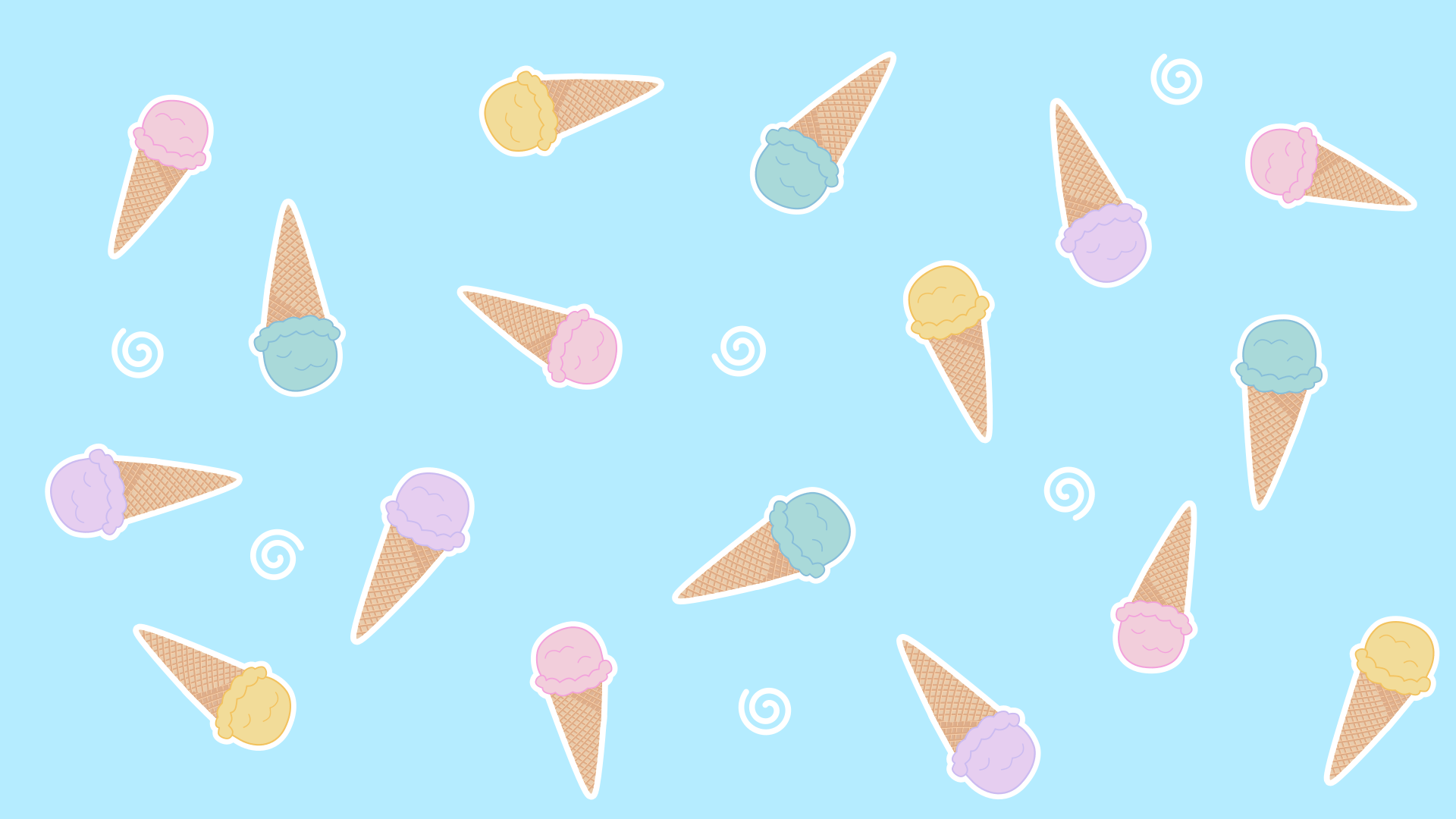 A blue background with various ice cream cones and swirls in pink, purple, yellow, and blue. - Ice cream