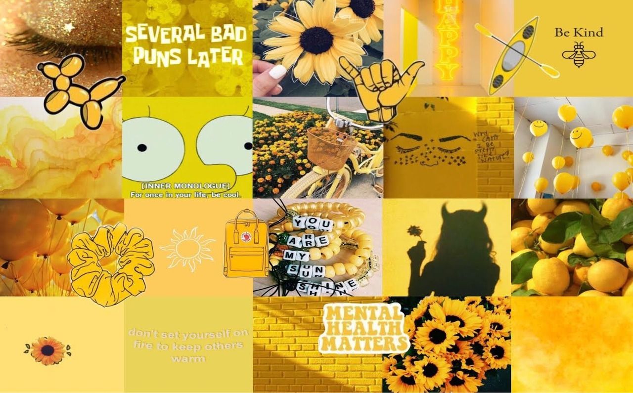 A collage of yellow pictures with sunflowers and other flowers - Yellow, laptop, pastel yellow, light yellow