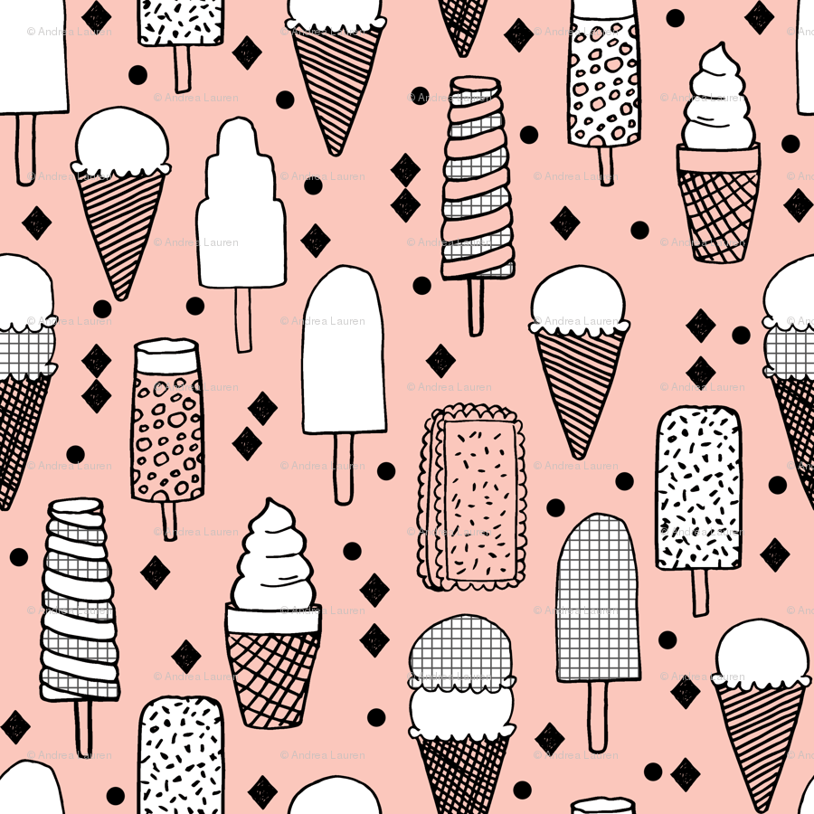 Cute ice cream illustration with a geometric pattern in black and white on a soft pink background - Ice cream